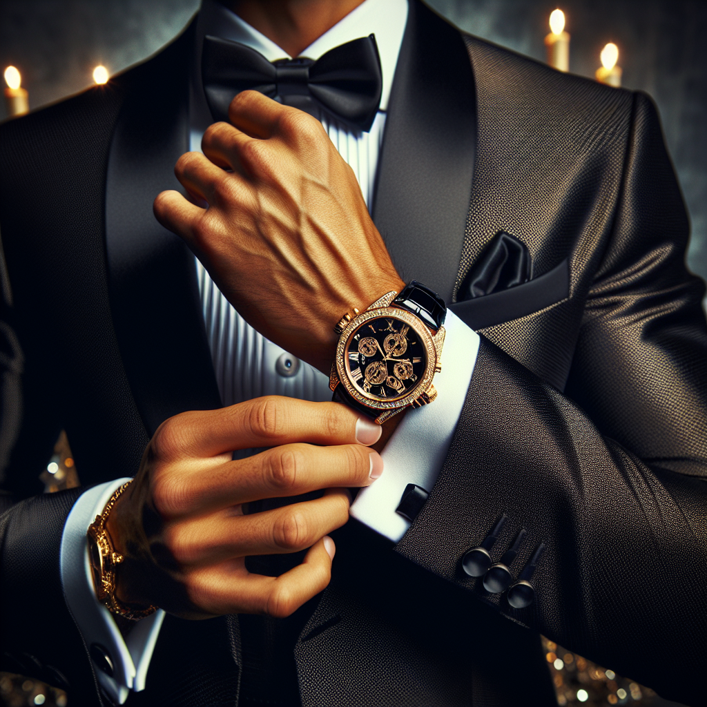 Illustrate the elegance of an evening scene where a man flaunts his luxury timepiece complementing his polished tuxedo. The man, of South Asian descent, is captured in the middle of adjusting his black heirloom watch showing off the intricate details well-crafted by skilled artisans. Finely crafted from gold and encrusted with small diamonds, its radiance is splendidly reflected under the soft light. The intricate watchface shows Roman numerals, adding a touch of classic style. The man's tuxedo is perfectly aligned with his sense of style, deep black with satin-finished lapels. Tie the scene together with a background hinting at a high-end gala event.