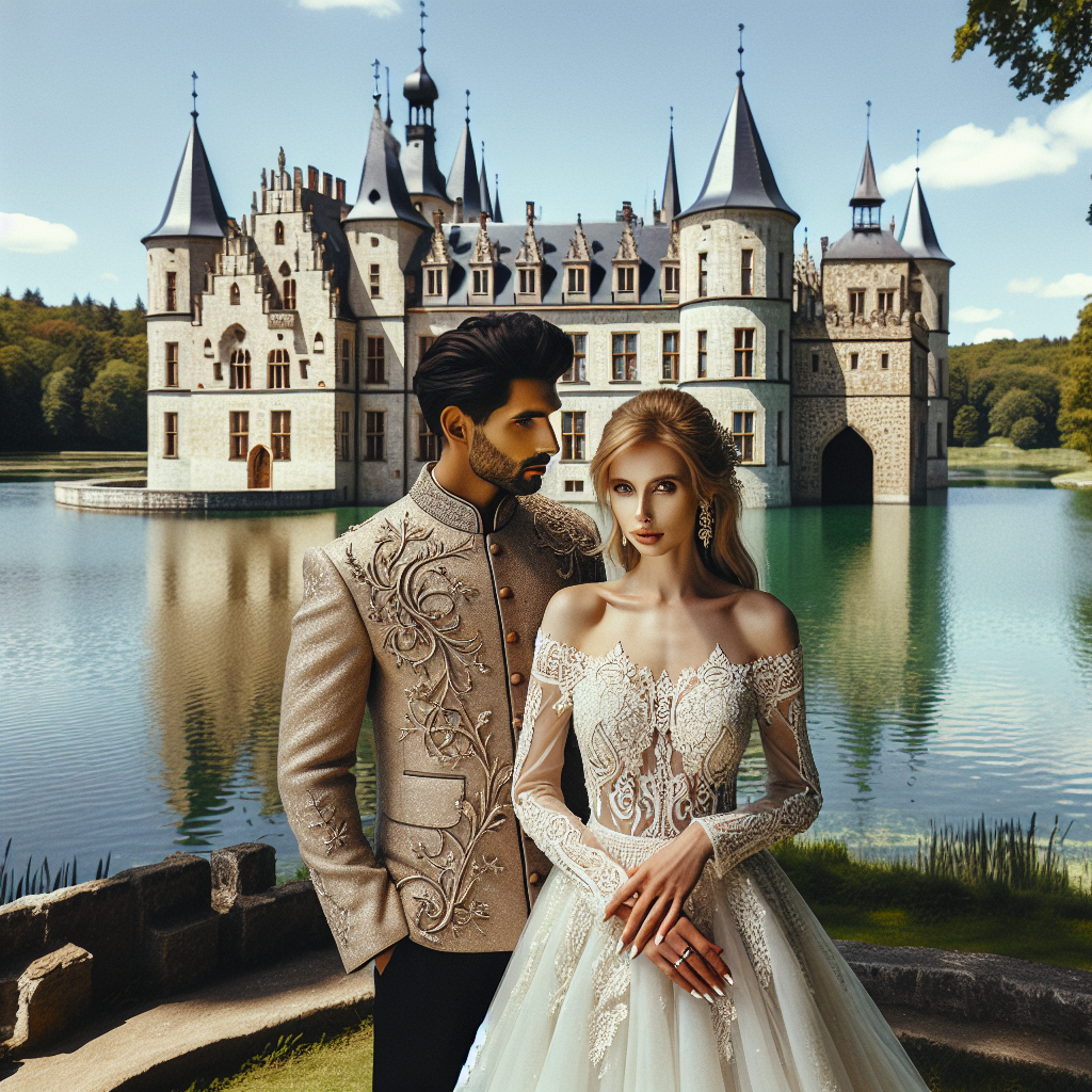 Stunning Castle Wedding Attire: Find Your Perfect Fit A scenic view of a beautiful stone castle in the European countryside, built around a picturesque lake, provides the backdrop. In the foreground, a South Asian groom, donned in an elegant Sherwani, stands beside a Caucasian bride wearing a classic white wedding dress with lace detailing. They are both looking at each other, their faces showcasing the joy and excitement of their special day. Renaissance-inspired details are intertwined with their outfits to complement the castle's medieval architecture. The weather is bright and sunny, creating a romantic and fairy tale-like atmosphere.