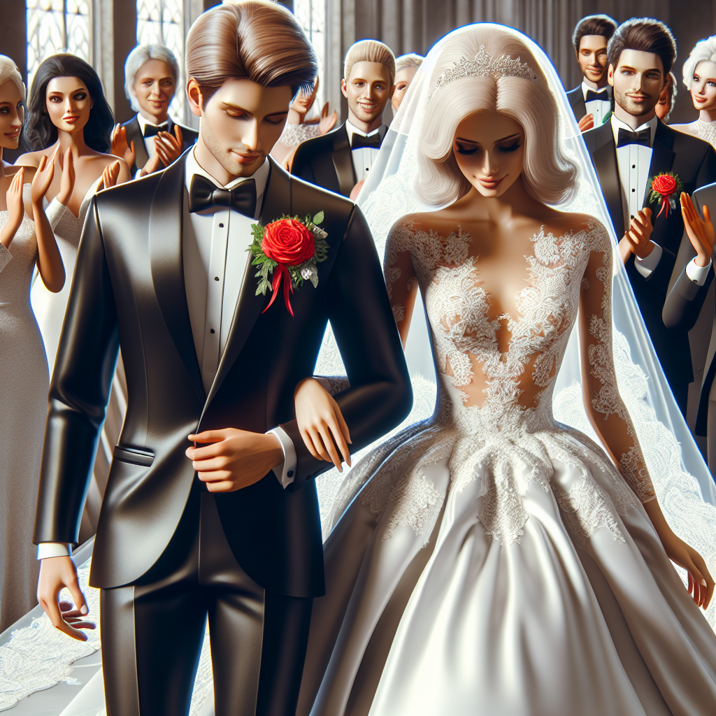 Elegant wedding scene where two individuals are becoming the center of attention due to their stunning wedding outfits. The individual on the left, a Caucasian man, is wearing a sharp black tuxedo with a bright red rose pinned to the lapel. His Caucasian female partner on the right is wearing a luxurious white wedding gown that has intricate lace details and a long, flowing veil. In this anticipated moment, both of them are exuding happiness and love. Around them, well-dressed guests of various descents are clapping and celebrating their union.
