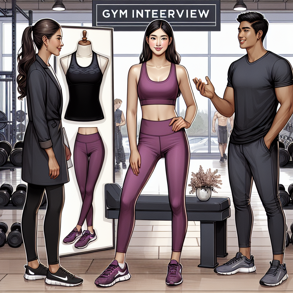 Stunning Gym Interview Attire for Women: Must-Have Tips An insightful visual representation of gym interview attire designed specifically for women. The scene showcases a variety of athletic clothing such as a black fashionable sports bra, plum-colored yoga pants, and comfortable gray running shoes. Two individuals are depicted in the scene; a South-Asian female fitness trainer, wearing the gear with confidence, and a Hispanic female potential employer, showing appreciation. Add an inspiring setting of a modern, well-equipped gym with weights and fitness machines around them. Ensure to highlight the importance of comfort, functionality, and style for a gym interview.