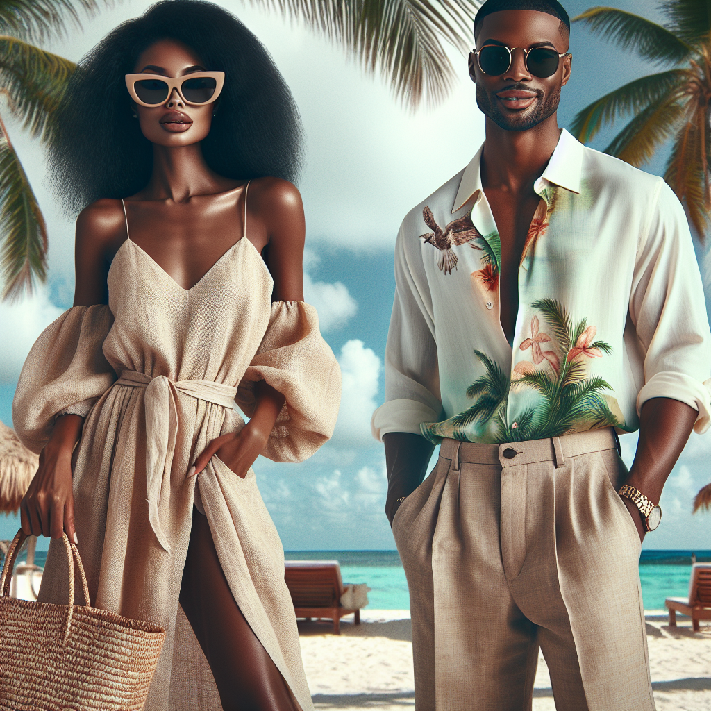 Create a vibrant image reflecting the stunning beauty of the Bahamas style. Picture a sunny beach background with palm trees swaying gently in the breeze. In the forefront, imagine two stylish individuals, one being a Black woman and another being a Hispanic man. The woman is in an effortless beige linen sundress, straw tote in hand, and tan sandals, while the man is in light-toned tailored shorts, a pastel tropical shirt and loafers. Both are sporting fashionable sunglasses and broad smiles, embodying the relaxed, yet chic atmosphere of a Bahamas cruise.