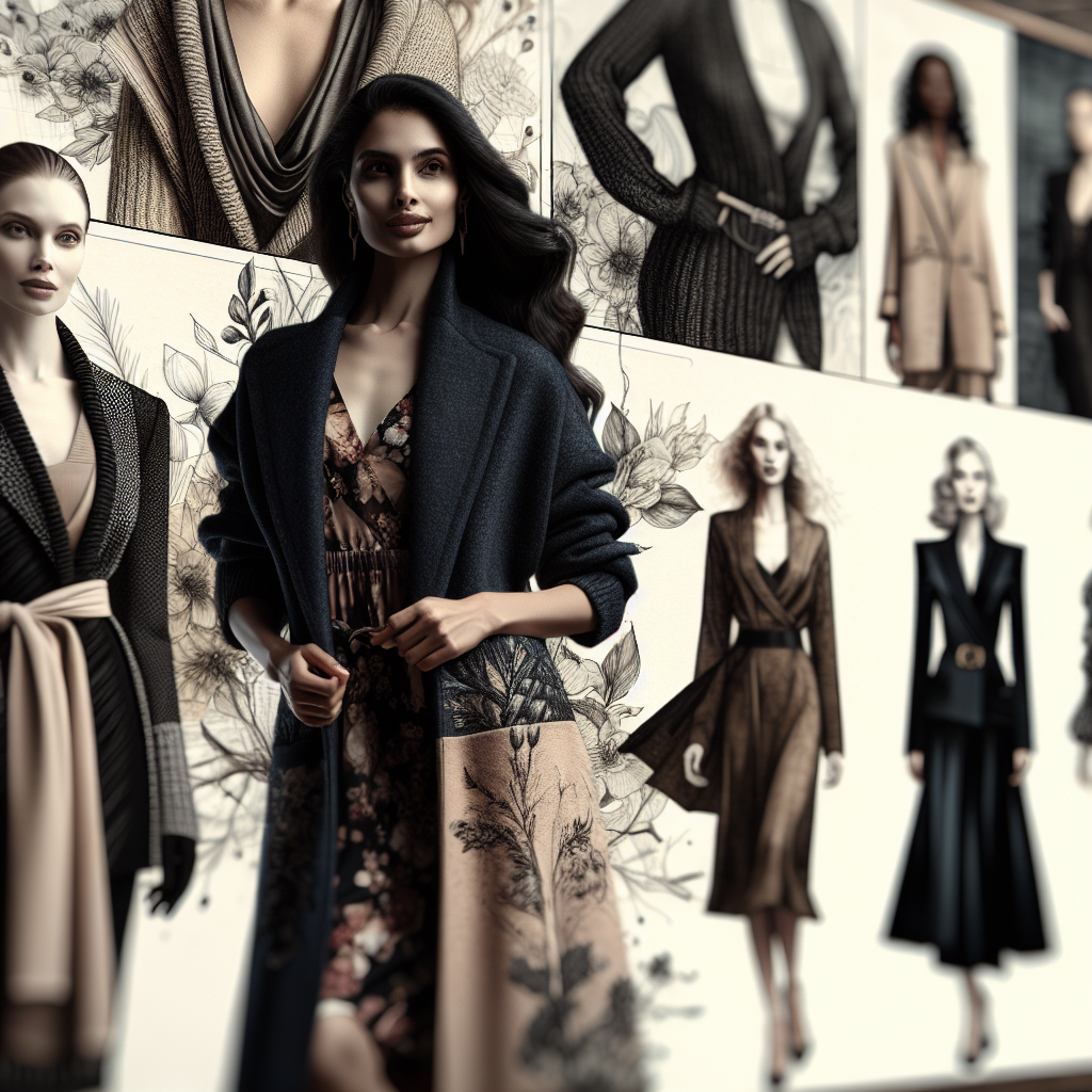Stunning Styles: What to Wear Over a Dress for Elegance Construct an image overflowing with sophistication and elegancy. In the foreground, feature a tall, South Asian woman sporting a stylish overcoat over a fashionable floral dress. To her right, depict a petite, Black woman wearing a stylish knitted cardigan over a sleek cocktail dress. In the background, exhibit a mixture of styles and fabrics indicating elegance: examples could include silk shawls, leather blazers, or velvet boleros worn by women of diverse descents such as Hispanic, Caucasian and Middle-Eastern. Accentuate the picture with subtle touches revealing the elegance of each style.