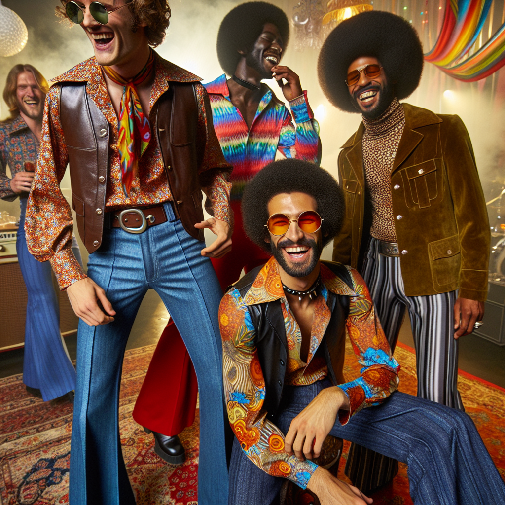 Imagine a lively party scene focused on vintage 70s fashion for men. This includes iconic items such as bell-bottom trousers, vibrant psychedelic printed shirts, and chunky platform shoes. In the scene, have a Caucasian man sporting a leather vest over a colourful tie-dye shirt with bell-bottom jeans. Next to him, a Black man twists with wide-collared, patterned polyester shirt and oversized sunglasses. A Middle Eastern man in the background laughs in his suede jacket with a turtleneck shirt. All are wearing their hair in typical 70s styles like the shag or afro. Include festive party elements in the background.