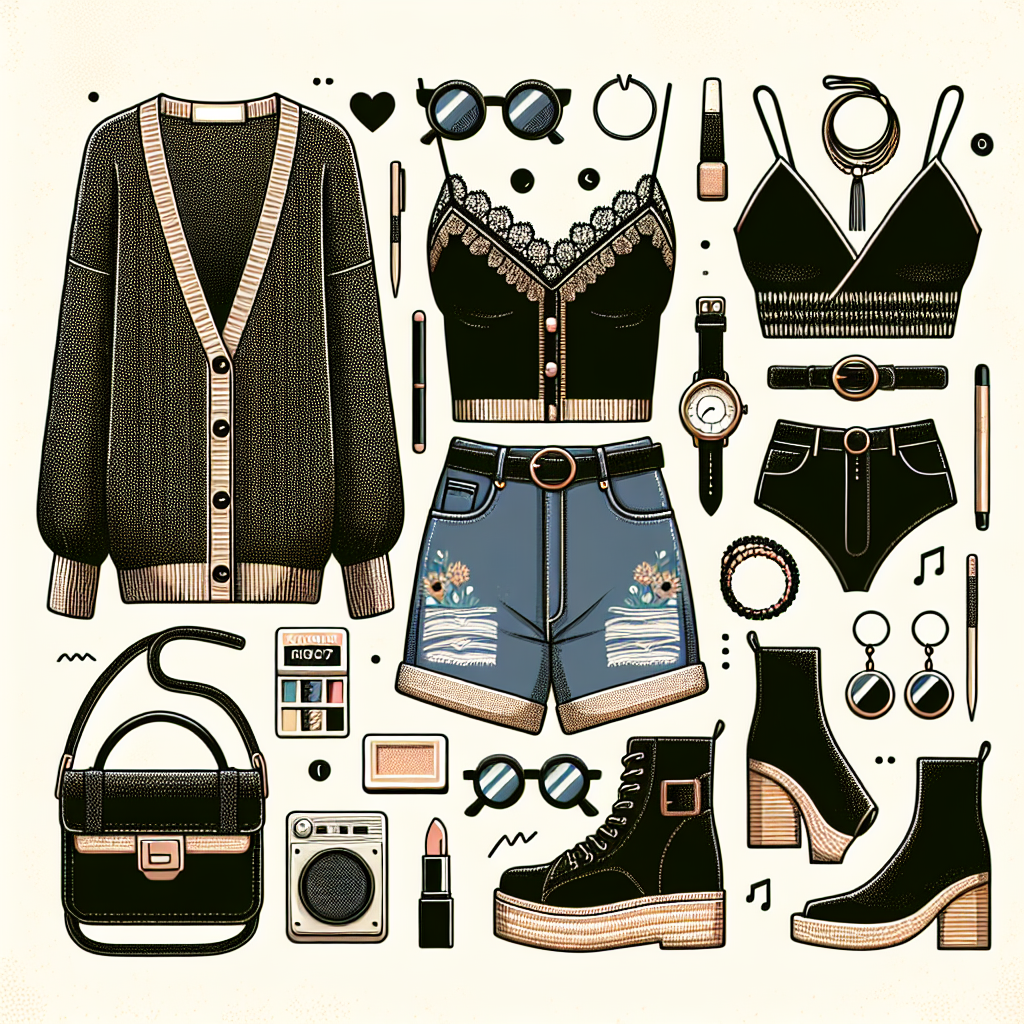 Must-Have Styles for J Balvin Concert with Black Cardigan Visualize a stylish, music-festival ready outfit suitable for a modern Latin music concert. Key elements of the outfit should include a black cardigan, along with other trendy accessories and garments that sync with the fun, energetic vibe of the event. Please keep the setting lively, fashion-forward, but also comfortable for attending a musical performance.