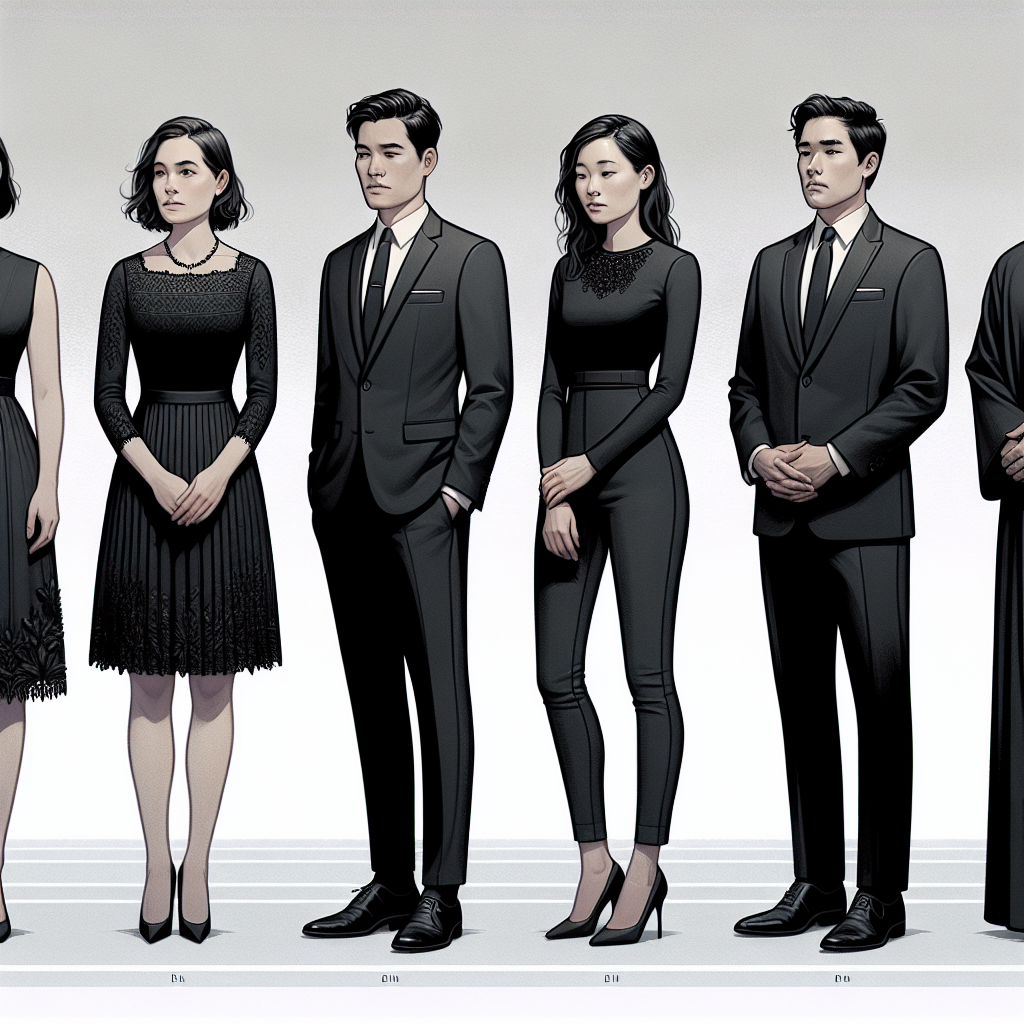 A visually appealing and informative illustration that depicts a sartorial guide for an unfortunate occasion. The image includes an array of respectful and somber clothing options suitable for different types of weather and all genders. It showcases a Caucasian woman in a knee-length black dress, a Hispanic man wearing a black suit, tie, and mourning band, an Asian woman in a black pantsuit, and a Middle Eastern man in a traditional black thobe. All figures are positioned against a serene backdrop with soft grey tones. Their expressions reflect a mix of sympathy, empathy, and respect, demonstrating the gravity and seriousness of a young person's funeral.