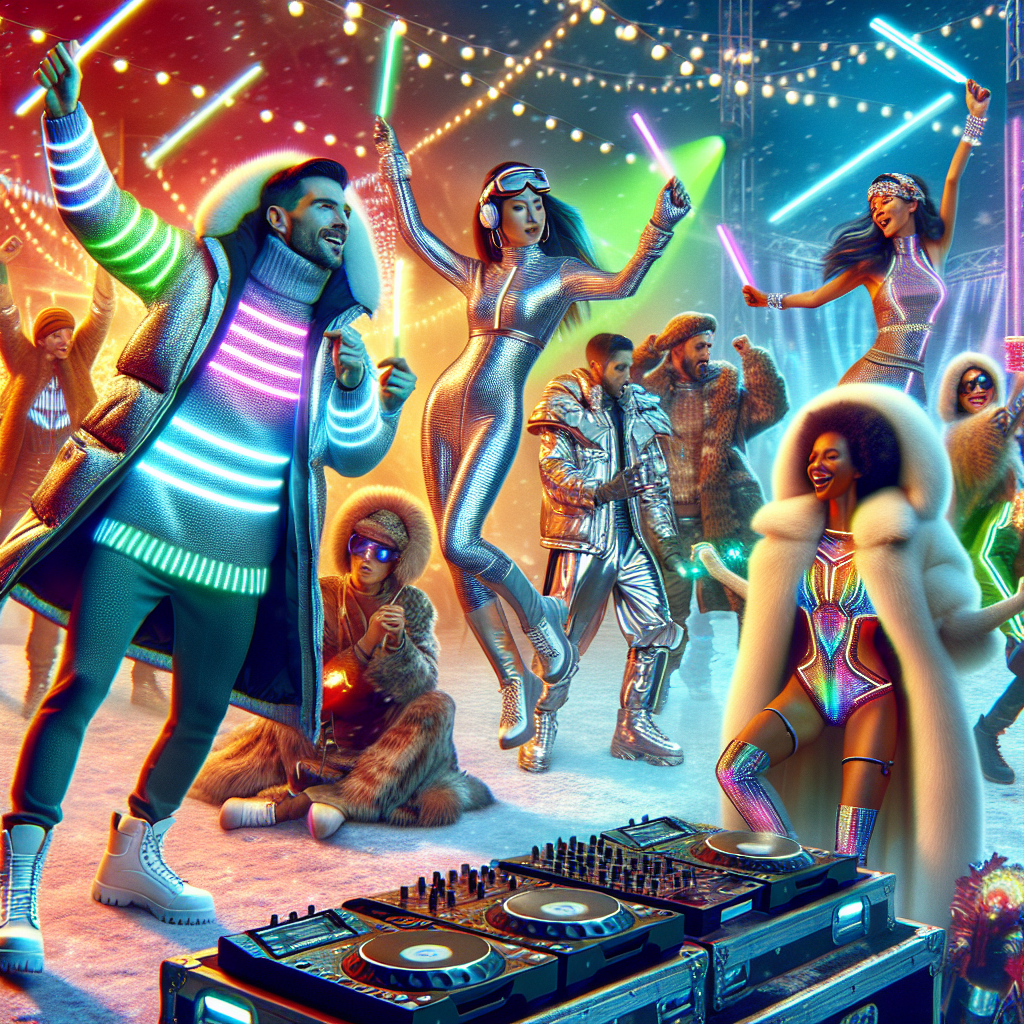 Winter Rave Essentials: Exclusive, Flattering Fits for All A lively winter rave scene filled with diverse party-goers dressed in exclusive, flattering fits for all. In the foreground, a Caucasian man wearing a neon light-up sweater dances enthusiastically, while a Hispanic woman in a metallic futuristic ensemble grooves next to him. Nearby, a Black man sporting a warm fur-lined parka waves glow sticks, and a Middle-Eastern woman in a vibrant, thermoactive body suit moves to the beat. The background brims with radiant decorations, throbbing lasers, and a DJ booth where a South Asian woman in winter-insulated neon fashion mixes tunes. The image emphasizes inclusivity and zest for life.