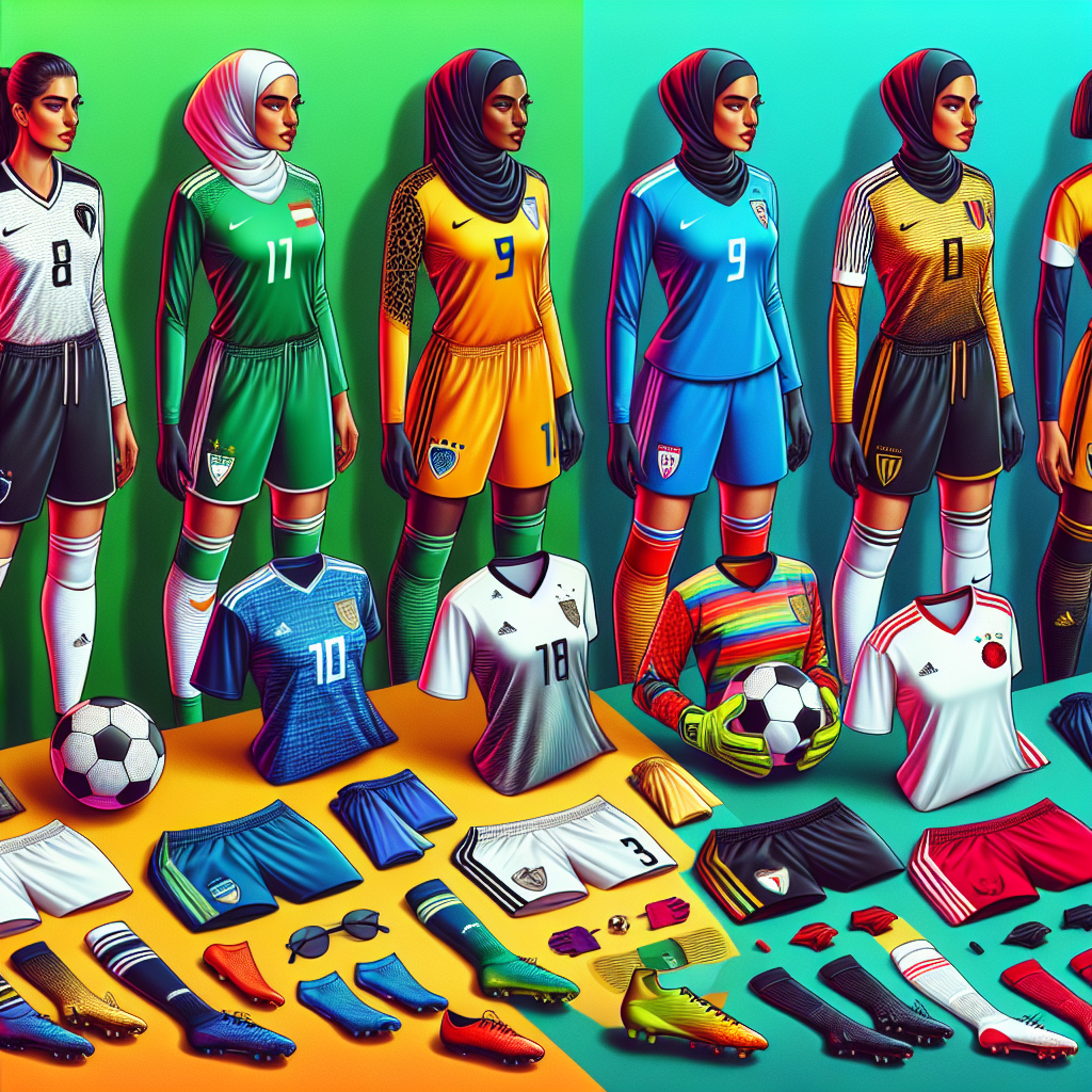 Stunning Soccer Game Outfits for Women: Must-Have Styles An array of iconic women's football outfits laid out against a vibrant backdrop. The collection should include a variety of styles from classic to modern. It shall encompass jerseys, shorts, socks, shoes, goalie gloves and headbands. The outfits should be vibrant and attractive, showcasing different color schemes and patterns from diverse teams around the world. Represent players from different descents: a Middle-Eastern woman with a hijab integrated into her outfit, a black woman with a super stylish afro-centric design and a Caucasian woman with a modern sportswear design. Each outfit should clearly represent a professional player, implying highest quality sports attire.