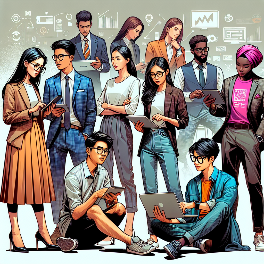 Tech Conference Style Guide: Master the Look Effortlessly Illustrate a scene encompassing a tech conference style. Organize the image to showcase various professional attire in a tech-focused environment. In the foreground, portray a South Asian woman dressed in smart formal wear, holding a tablet and an East Asian man with stylish casual attire fixing a smartwatch. In the background, picture a Middle-Eastern woman with trendy glasses working on a laptop, while a Caucasian man wearing a vibrant t-shirt with a popular tech logo is engaged in a conversation with a Black man in a slick suit. Also, include some tech-inspired accessories and gadgets being commonly used during the conference. Don't forget to cover the diversity and inclusion in the tech industry.