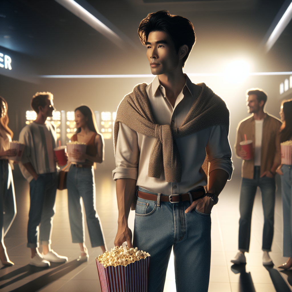 Create a visually appealing image for an article about men's movie date attire. The setting is a cinema foyer with softly glowing lights. The primary figure is an East Asian man in a refined casual outfit, combining a button-down shirt, jeans, and a sweater tied around the waist. He carries a tub of popcorn in one hand and a soft drink in the other. A group of friendly people from various descents is seen mingling in the background, also dressed in relaxed casuals. Accentuate the atmosphere of anticipation and excitement of the evening.