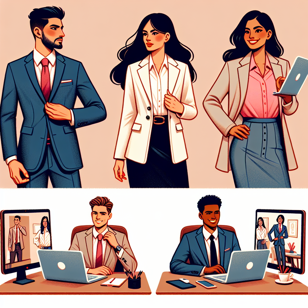 Visualize the scene of three people preparing for a Zoom interview. The first person is a Middle-Eastern man, donning a crisp navy-blue suit with a red tie, checking his look in a mirror. The second person is an Hispanic woman, standing confidently as she sports a well-tailored cream blazer and black skirt. The third person is a South Asian woman, smiling joyfully while adjusting her stylish pastel pink blouse paired with a grey pencil skirt. Each person sits at their desks, laptops open with Zoom's interface on screen, showcasing professionalism and determination.