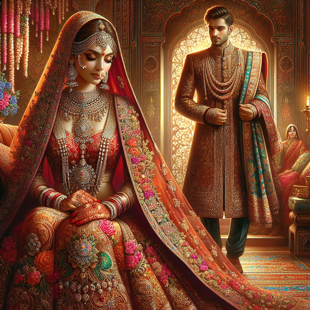 Stunning Hindu Wedding Outfits to Captivate Him Depict a breathtaking Indian wedding scene set against a colorful, intricate backdrop. Show a South Asian bride in exquisite traditional attire, adorned with richly embroidered fabrics and precious jewelry from head to toe, with an intricate mehndi design on her hands and feet. The bride's wedding ensemble should include a vibrant lehenga or saree in lush reds and golds. Beside her, show a South Asian groom, dressed in an elegantly designed sherwani or dhoti, boasting equally detailed craftsmanship. The groom is absolutely captivated by his radiant bride. Please utilize a palette full of warm, rich tones to indicate a sense of joy and auspiciousness common to Hindu weddings.
