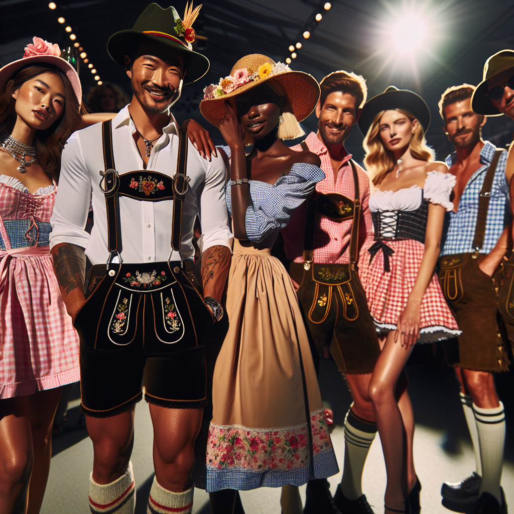 Explore the vivid visual interpretation of an outdoor German festival in summer. The scene unfolds with multiple individuals of various descents and genders showcasing their stylish outfits. The spotlight falls on a South-Asian man boasting a Bavarian hat, combined with a modern twist to the traditional lederhosen. On the other side, a black woman adorns herself in a chic dirndl dress, paired with playful accessories that subtly hint at the warm time of year. Caucasian and Hispanic festival-goers add more flavor to the scene, rocking their renditions of traditional and contemporary German summer styles.