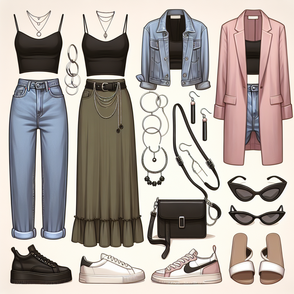 Display an array of fashion-forward choices to pair with a black tank top. Ensure the choices are effortlessly stylish, creative, and versatile. Demonstrate a high-waisted blue denim jeans with silver hoops, an olive green maxi skirt with black strappy sandals, a pastel pink blazer, white sneakers, and accessories like chunky necklaces, oversized sunglasses, and a black leather handbag. Create an image that showcases a Caucasian woman in the black tank top matched with the jeans, a Hispanic woman paired with the maxi skirt, and a Black woman sporting the pastel pink blazer.