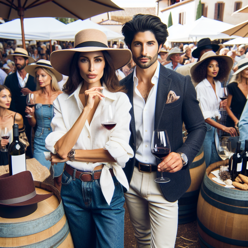 A lively scene at a wine festival. In the foreground, a Hispanic woman dressed in a classic wine tasting outfit - a white linen button-down shirt tucked into dark denim jeans, topped off with a chic wide-brimmed hat for sun protection, and a Middle Eastern man in a smart-casual ensemble of a dark blazer and light-colored chinos, holding a glass of red wine. In the background, abuzz with enthusiastic Caucasians, Black and South Asian people, all exquisitely dressed in fashionable wine tasting attire, surrounded by wine barrels and wooden tables with various wine bottles and glasses.
