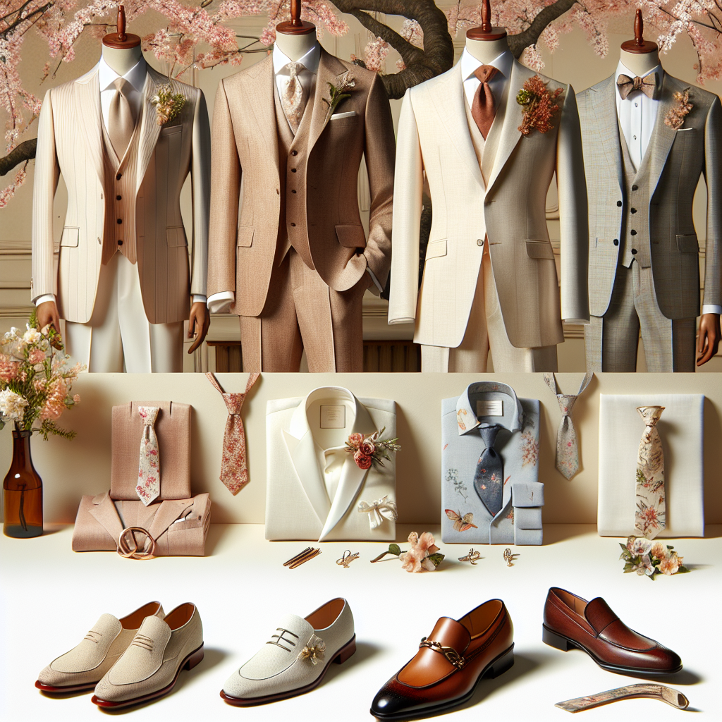 An elegant image featuring a collection of must-have men's outfits for a spring wedding. The outfits on display should range from formal tuxedos in light and pastel colours, perfect for a daytime ceremony, to more casual linen suits for beach weddings. Show a variety of fashionable accessories as well, like silk ties with floral prints, leather loafers, and boutonni&egrave;res made of spring blooms. Also, include in the background a softly lit, romantic setting with cherry blossom trees in full bloom, adding to an overall ambience of a spring wedding.