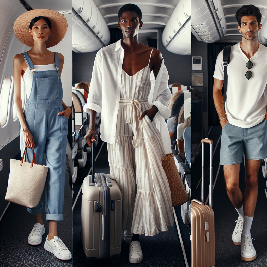 Must-Wear Styles for Summer Plane Trips: Effortless & Chic Picture a scene inside a modern, spacious airplane. One travel-savvy Hispanic woman in her 30s is elegantly dressed in overalls, sunhat, white sneakers and holding minimal luggage. Another, a stylish Black gentleman in his late 20s, is seen in lightweight linen pants, a crisp white shirt, and pair of sunglasses perched atop his head. A middle-aged South Asian woman is seen in a floaty sundress with a large tote bag filled with travel essentials. Lastly, a young Middle-Eastern man is seen in a white t-shirt, denim shorts and carrying a trendy backpack. These travelers embody effortless and chic styles for summer plane trips.