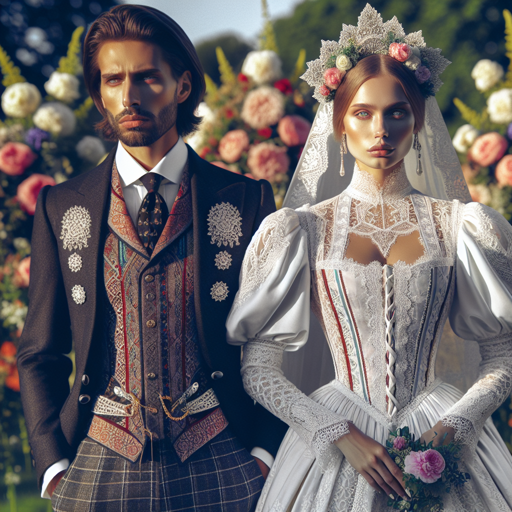 Stunning Swedish Wedding Outfits: Find Your Match! An in-depth look into a traditional Swedish wedding. The focus is on a bride and groom with a mesmerizing display of classic Swedish outfits. The groom is of Middle Eastern descent, dressed in a meticulously designed suit with a waistcoat and cravat. A woman of Caucasian descent stands next to him as the bride, adorned in an enthralling Swedish wedding gown, trimmed with lace and paired with a traditional Swedish bridal crown. They stand in an exquisite garden under a brilliant summer sky with vibrant flower arrangements adding an element of pure elegance in the background.