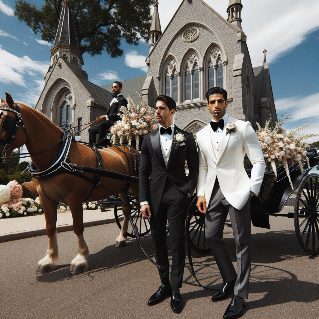 Stunning Groom Attire: Effortless Wedding Elegance An elegant horse-drawn carriage under a clear sky. The carriage driver is a Middle-Eastern man, dressed impeccably in a traditional suit, displaying wedding elegance. Next to him, a Hispanic man in groom attire radiates effortless elegance. He is adorned in a bespoke white tail tuxedo finished with a bow tie, matching pocket square, and polished black shoes. They are parked outside a beautiful Victorian architecture church. A multitude of flowers in blush and cream hues decorates the area creating a picture-perfect wedding scene.