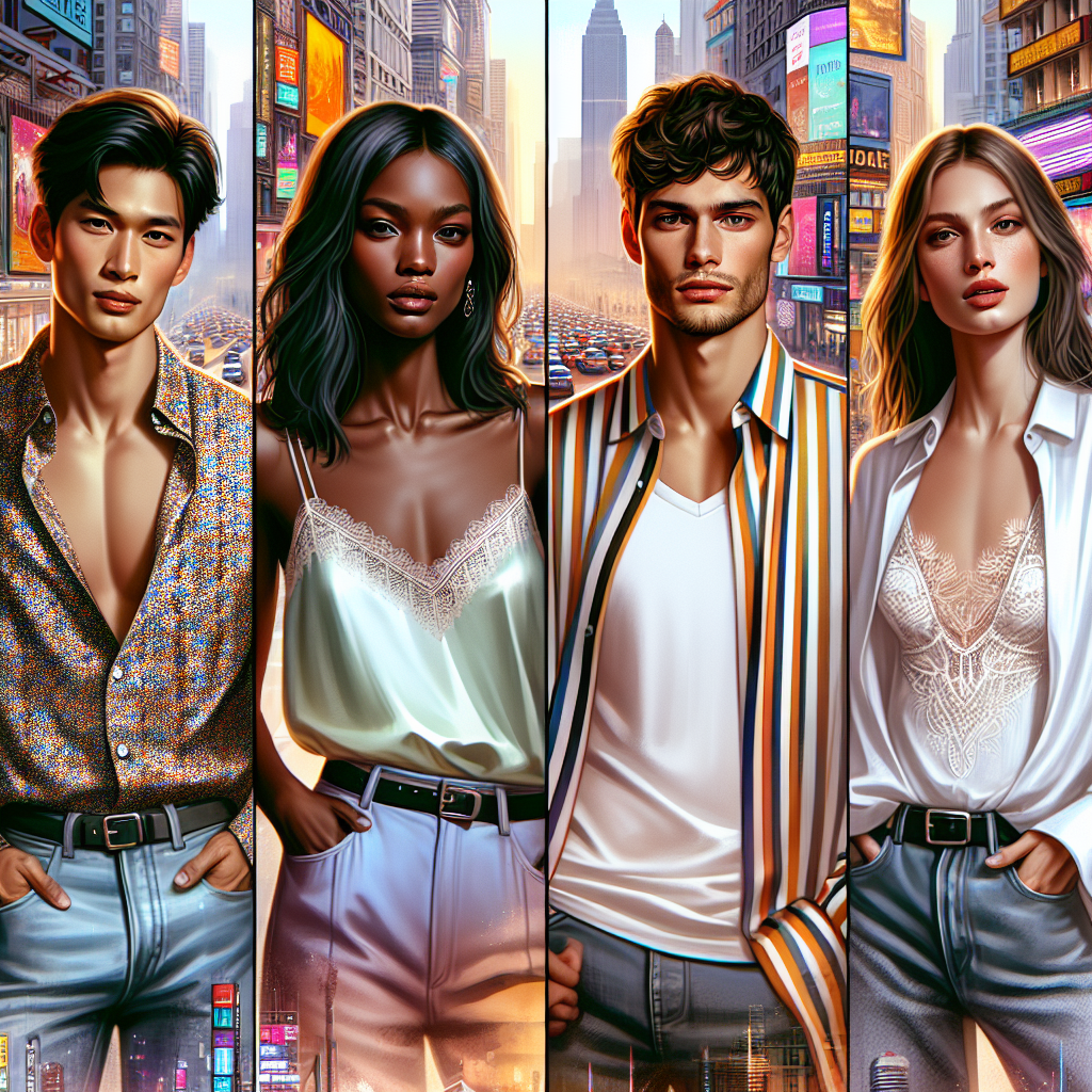 Stunning Styles to Wear Under a White Button-Up Create an image featuring four fashionably dressed individuals in radiant styles to wear under a white button-up. First, a South Asian man in a bold printed band collar shirt; next, a Black woman in a chic, pastel silk camisole; then, a Middle-Eastern man in a striking striped casual tee; and lastly, a Hispanic woman in a sleek, high-neck lace top. They're all in a vibrant cityscape filled with tall skyscrapers, bustling traffic and colorful billboards, illustrating an urban, modern and fashionable atmosphere.
