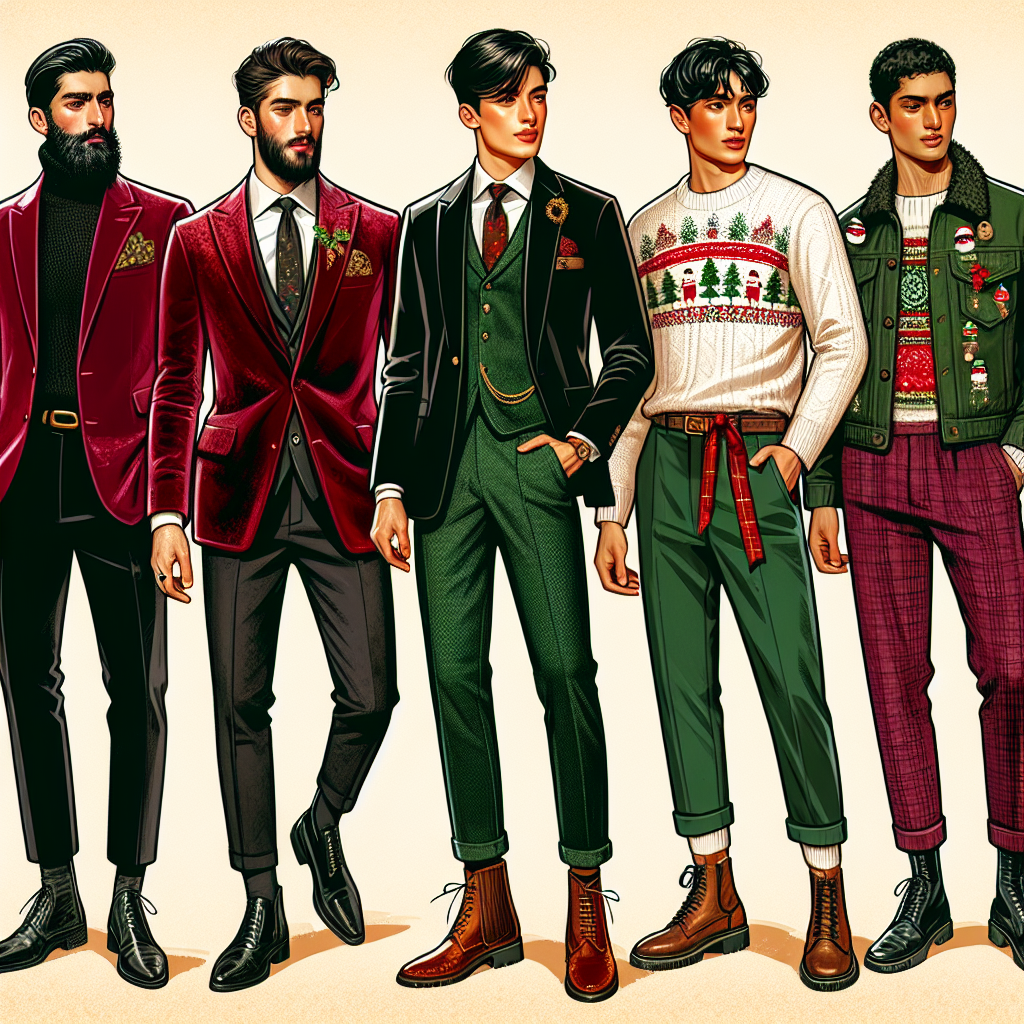Depict a dynamic fashion ensemble for men during the festive Christmas season. Include three different models showcasing the fashionable looks: a Middle-Eastern model embedded in a plush red velvet jacket paired with black trousers, a Caucasian model sporting a forest green corduroy suit laid over a Christmas-themed tie and a South Asian model wearing a white cashmere sweater coupled with dark burgundy chinos. Add festive accents such as a gold pocket square, tartan boots, and Christmas pins. Each person should be in a vibrant Christmas party setting, exuding jolly vibes.