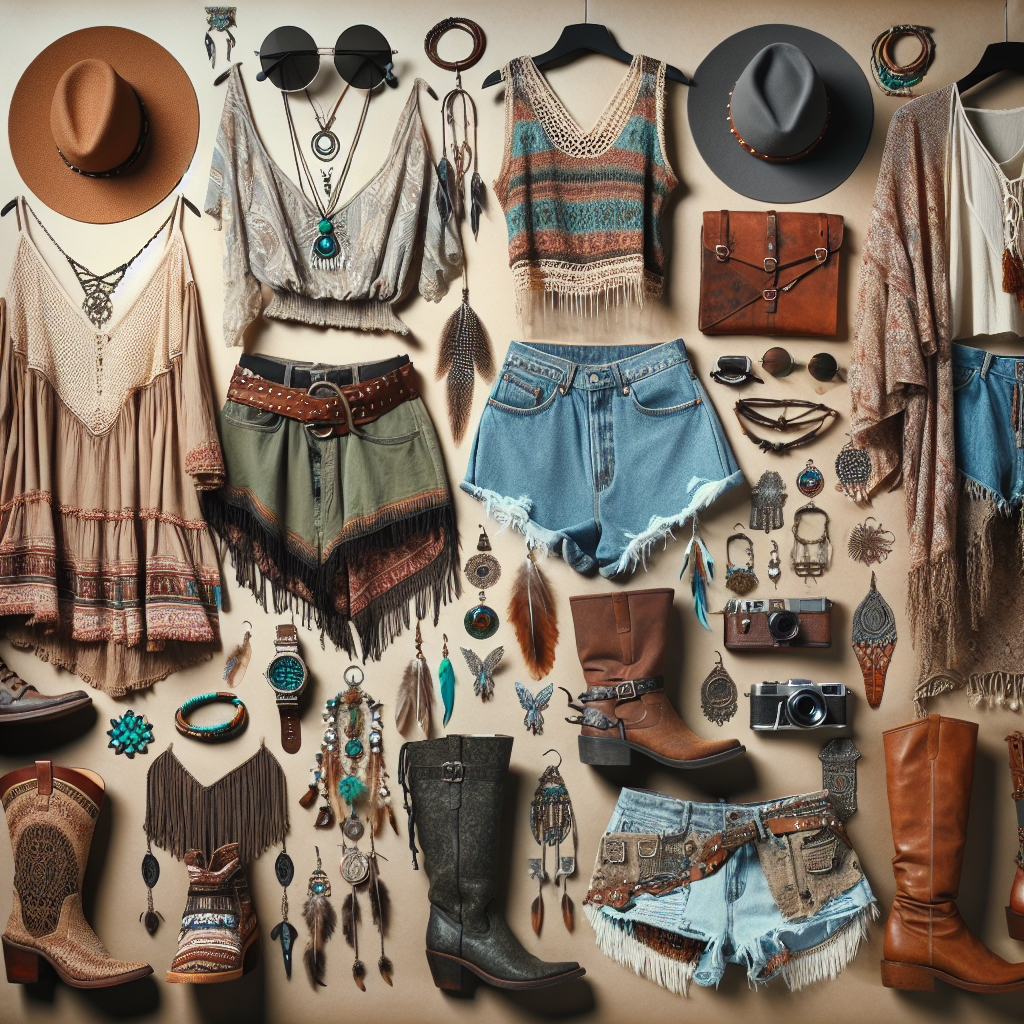Stunning Outfits for Billy Strings Concerts: Trend-Setting Choices Imagine a collection of stylish, festival-ready outfits, crafted ideally for outdoor concerts. There is a variety of ensemble, from boho-chic to edgy rock, with earthy tones and striking patterns. Think of loose, lightweight fabrics for comfort in the summer sun, paired with sturdy leather boots that echo the sounds of country blues. Must-have accessories such as wide-brimmed hats, chunky turquoise jewelry, and retro sunglasses complete the look. All these outfits come together to create a stunning visual montage that captures the unique energy and vibe of an atmospheric blues and acoustic music festival.