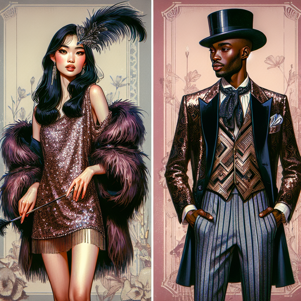 Imagine an artistic interpretation of a fantastic display of stunning and chic clothing choices appropriate for a burlesque show. The image features two individuals, both ready for an evening of fun and elegance. On the left, an East Asian woman is dressed in a sparkly sequin dress, paired with comfortable high heels and a feathered headpiece, her eyes gleaming with excitement. On the right, a Black man, bestows a stylish three-piece suit with hints of vintage taste, made of velvet fabric with bold geometric prints, and a cravat, topped with a top hat. Both emanate confidence, style, and a love for the theatrical.
