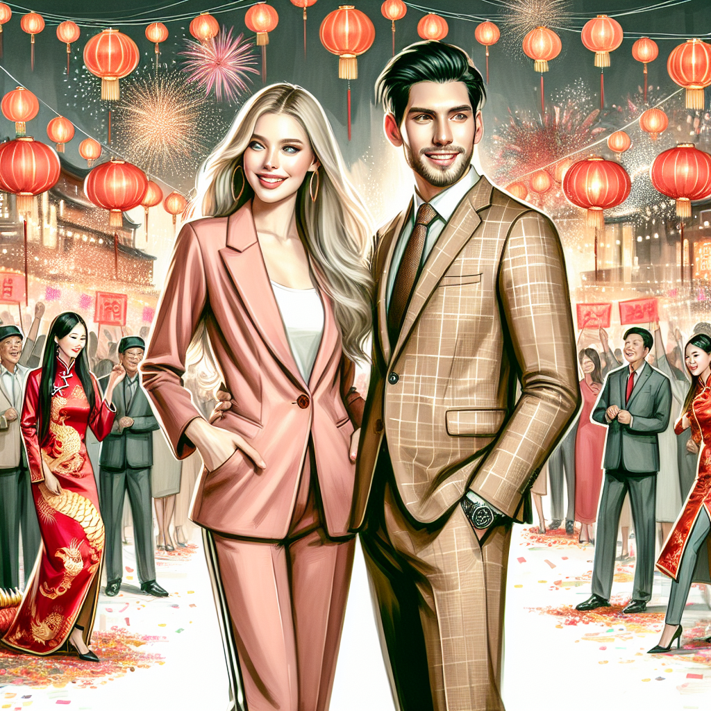 Visualize a vibrant and interesting scene of a fashion display for Chinese New Year. Make it lively by painting a variety of modern and traditional clothing that combine Western and Chinese styles elegantly. Show two people of distinct descent - one Caucasian woman and one Middle-Eastern man - stylishly dressed, soaking in the atmosphere of the Chinese New Year celebrations. They are standing happily amidst a backdrop of jubilant crowds, red lanterns, dragon dances, and fireworks that light up the night sky, symbolizing good luck and prosperity for the upcoming year.