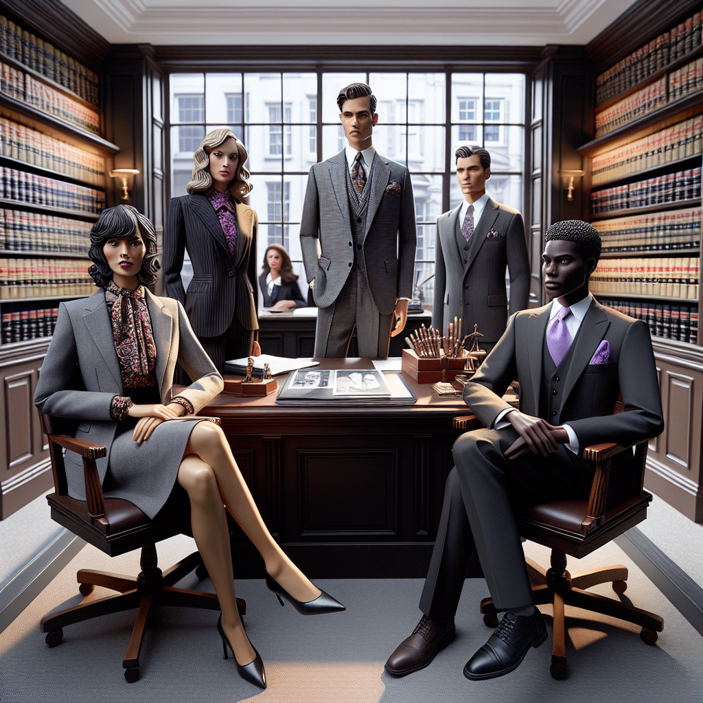 Law Firm Interview Outfits: Stunning, Effortless Picks An intricately detailed visual representation displaying a scenario at a law firm showcasing various interview outfits. The scene portrays a four individuals, each displaying a unique style and personality. A Caucasian woman exudes confidence in her tailored suit, while a Hispanic man shows uniqueness with a patterned tie and matching pocket square. A South Asian woman with a bold statement neckpiece and classic black dress and a black male lawyer in a timeless charcoal grey suit with a lavender shirt. Around them, the office set with glass doors, oak wood desks and shelves full of law books.