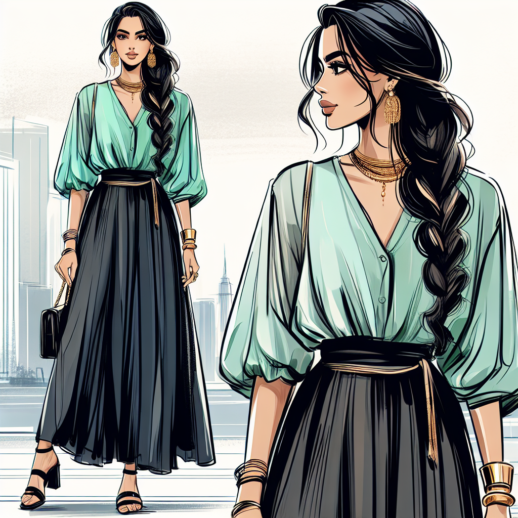 Stunning Outfits: What to Wear with a Black Maxi Skirt Illustrate an article cover featuring a fashionable South Asian woman in her mid-30s, with long dark hair, styled in an elegant braid. She is donning a black maxi skirt, complemented with a mint green blouse tucked in. The blouse has flowy sleeves, giving it a boho chic vibe. There’s a bold, golden statement necklace around her neck, matching the gold cuff on her wrist. Finishing off the look she is wearing a pair of black strappy sandals, ideal for a summer day. The background has a slightly blurred, simplistic and modern cityscape during the daytime.