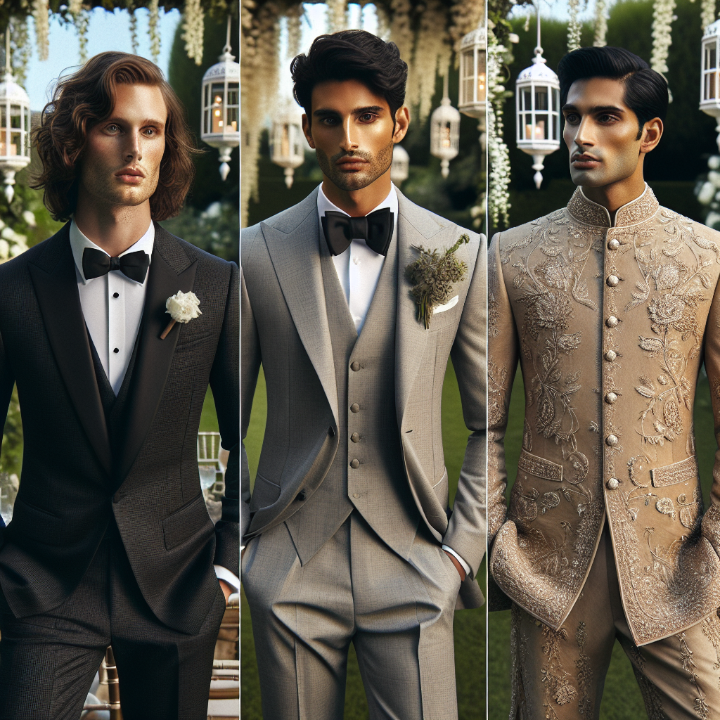 Stunning Wedding Attire for Men: Effortless Elegance A visual feast showcasing an array of exquisite wedding attire for men exuding effortless elegance. Picture an outdoor wedding setting with three men ready for the occasion. One wearing a classic black tuxedo, Caucasian man with wavy brown hair. To his right, an Hispanic man in a three-piece light grey suit with a bold bow tie. To the left, a South Asian man in a customary Sherwani embellished with intricate embroidery. Each display an aesthetic of confident grace and timeless style, surrounded by impeccable decor of flowering vines and elegant white lanterns.