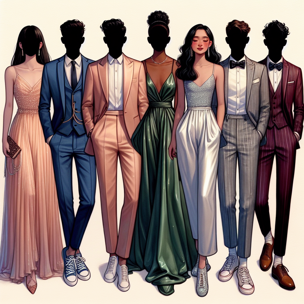 Stunning Outfits for High School Sports Banquets An array of glamorous outfits arranged side by side for a high school sports banquet. From left to right, envision a stunning flowing peach dress worn by a South Asian female, followed by a sleek midnight blue two-piece suit for a Caucasian male, a beautiful forest green satin jumpsuit sported by a Black female, a classy burgundy tuxedo on a Middle-Eastern male, a sparkly silver cocktail dress for an East Asian female and a neat striped gray suit on a Hispanic male. The ensemble represents a rich diversity in style and culture suitable for a celebratory event.