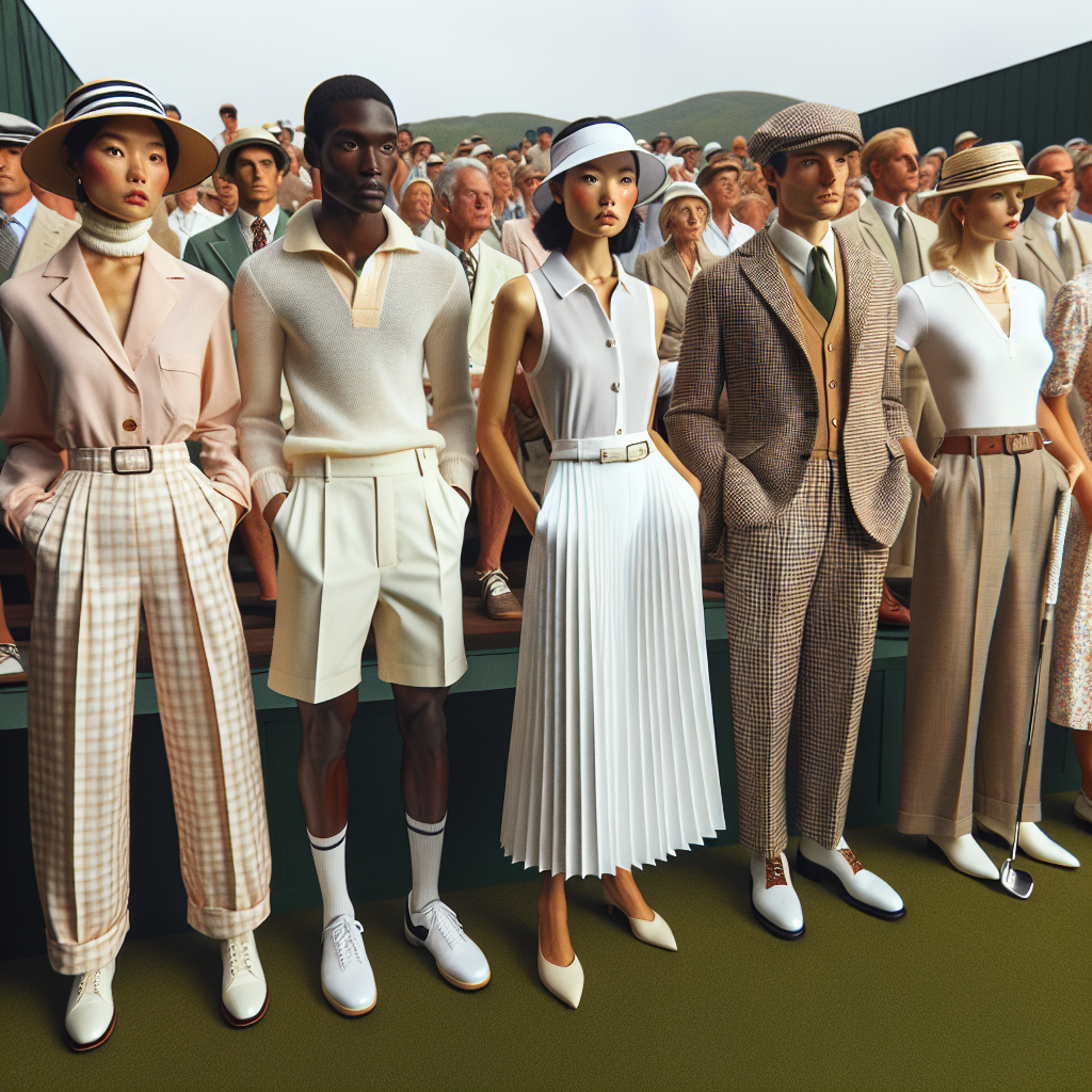 Imagine a scene at a traditional golf tournament. Focus on the fashion sense of the audience. Capture an array of individuals in chic and effortless outfits suitable for a day on the green. Picture a middle-aged Asian woman wearing a lightweight pastel-colored blazer paired with a pleated white skort. Imagine a young Black man in a sleek button-down shirt tucked neatly into tailored shorts, with a complementary visor. Visualize a Caucasian elderly man dressed in a vintage golf attire, checked trousers and a knit waistcoat. Finally, imagine a Hispanic woman sporting a floral sundress with a broad-brimmed hat.