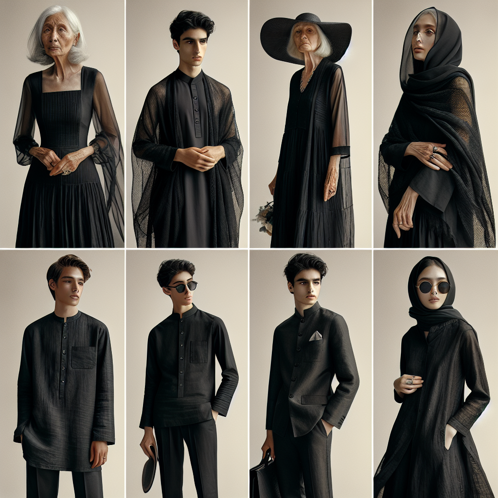 Stunning Summer Funeral Attire: Dress Effortlessly Envision a compilation of stunning summer funeral attire. The first attire is an elegant black knee-length dress worn by a Middle-Eastern woman coupled with a flowy sheer black shawl. The second attire features an East Asian man in a light, breathable black linen suit. The third set features an elderly Caucasian woman in a tasteful, lightweight black pants suit with a wide-brimmed hat adorned with a black ribbon. Lastly, a young South Asian man dons a black kurta, a traditional garment, accessorized with subtle silver jewelry. All outfits are complemented with black shoes and sunglasses, conveying a respectful yet effortlessly stylish tone fit for a summer funeral.