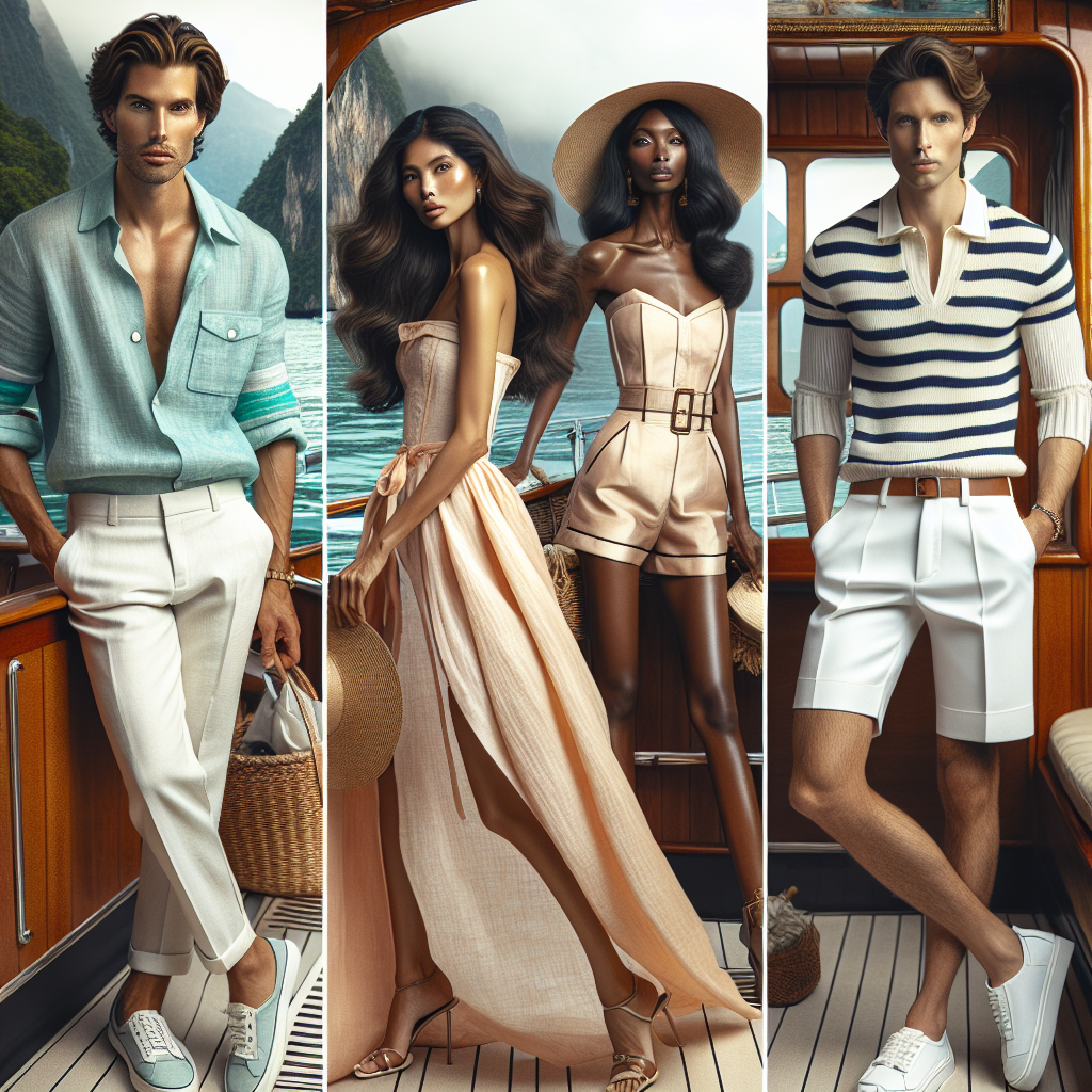 Stunning Boat Tour Outfits: Effortless Style Guide Imagine a vibrant scene of a boat tour. In the foreground, view a stylish man of Hispanic descent, gracing a linen shirt with shades of turquoise. Next to him, see a South Asian woman, looking glamorous in a peach sundress adorned with delicate gold accessories. Towards the background, catch a glimpse of a confident Black woman in a sleek white jumpsuit, offset by a wide-brimmed hat. Completing the scene, portray a Caucasian man in a timeless navy blue shorts and striped polo shirt ensemble. All the attires are complemented with comfortable footwear, suitable for a day of exploration on a boat tour.