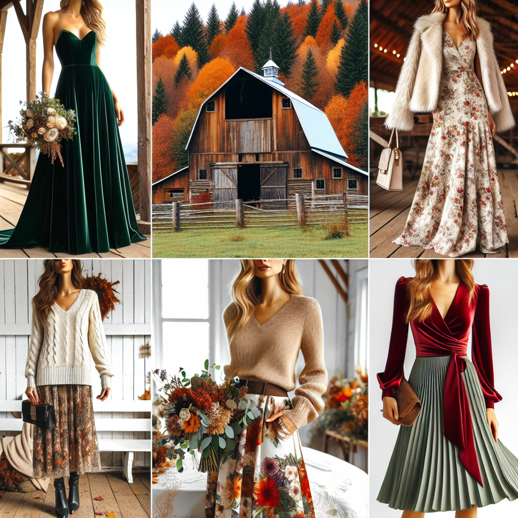 Picture a picturesque fall wedding at a rustic barn. Amidst the changing leaves and crisp weather, imagine a variety of wedding outfits for women. The outfits are elegant and suitable for the casual rustic environment of a barn wedding, with chic elements that pay homage to the autumn season. From a long forest-green velvet dress, reflecting the pine trees surrounding the barn, to a beige cashmere sweater paired with a floral mid-length skirt, showcasing the vibrant colors of fall. Lastly, a classy female guest is seen in a ruby red wrap dress, accentuating the brilliant hues of fall. Each outfit is coupled with suitable accessories like scarves and boots, embracing the theme and weather conditions.