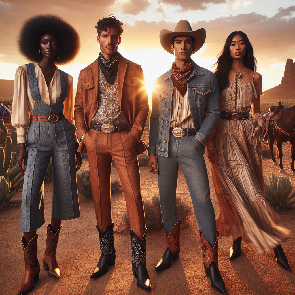 An inclusive and multicultural fashion feature showcasing a range of must-have rodeo outfits for effortless style. This scene contains four people of different descents - a Black woman, a Hispanic man, a Caucasian man and a Middle-Eastern woman - each elegantly dressed in unique and stylish rodeo outfits with a serene desert background featuring a setting sun. Their attire should include key elements like leather boots, cowboy hats, denim jackets, and belt buckles. The image is characterized by the vibrancy of color pallets against the golden hues of sunset and the natural ruggedness of the surrounding environment.