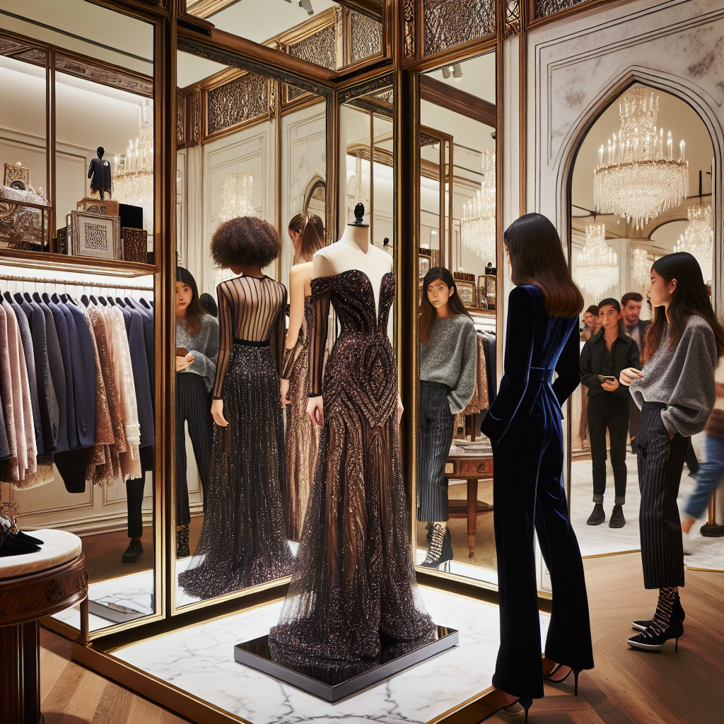 An upscale boutique scene featuring a display of evening wear suited for a Bat Mitzvah. In the central showcase, a Black teenager is trying on a sophisticated, dazzling floor-length gown with an intricate sequin pattern, while a South Asian teenager is admiring a chic dress pants ensemble with stylish accents. Reflecting in a large ornate mirror, an Asian teen is adjusting the collar of her classy, off-shoulder velvet suit. Customers of various genders mill about, browsing displays of fashion accessories such as clutch purses, shoes, and jewelry, all designed to contribute to an atmosphere of effortless elegance and celebration.