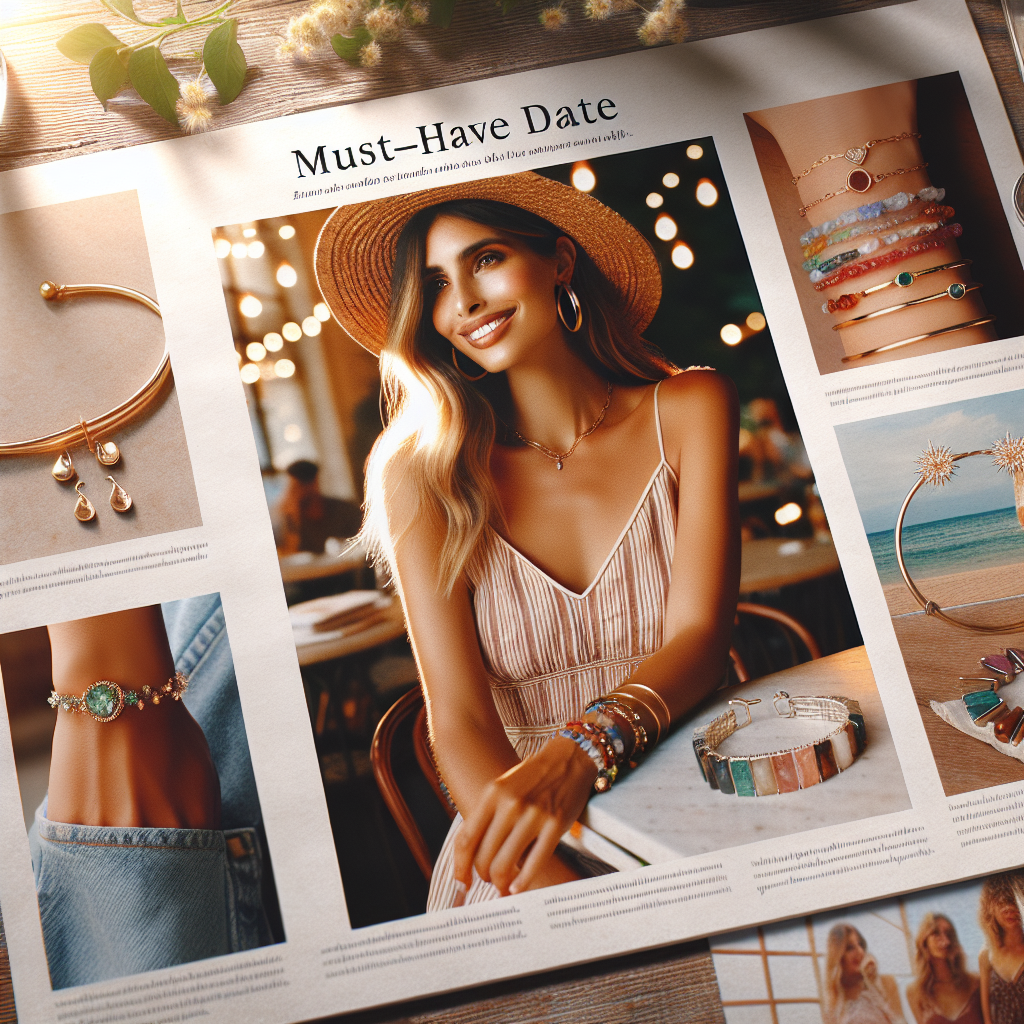 Imagine a fashionable article layout featuring must-have jewelry for summer dates. In the center, a lifestyle photograph showcases a woman of Middle Eastern descent with a radiant smile, wearing a chic sundress. Show off her style with a delicate gold anklet that catches the sunlight, a pair of dainty silver hoop earrings, and colorful, semi-precious stone bracelets stacked on her wrists. Around the central image, artfully arranged photos display close-ups of these must-have items, accompanied by descriptions of each piece. The backdrop subtly hints at a warm, summer date setting, perhaps a cozy caf&eacute; terrace adorned with twinkling fairy lights.