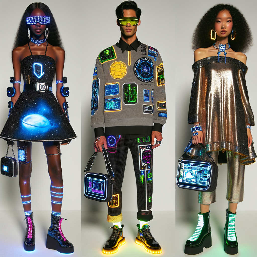 A themed ensemble for a technology-based music event, displaying an intricate balance between high fashion and geek chic. Three different individuals are included: a black woman wearing a space-themed mini dress complemented by LED-lit accessories, light up shoes, and modern jewelry with circuit board designs; a South Asian man styled in a cyberpunk aesthetic with futuristic clothing embodying neon accents, and a holographic messenger bag; and a Caucasian woman in a metallic sheen jumpsuit with a unique pattern of abstract code symbols, combined with digital touch screen gloves and boots that look like keyboard keys.
