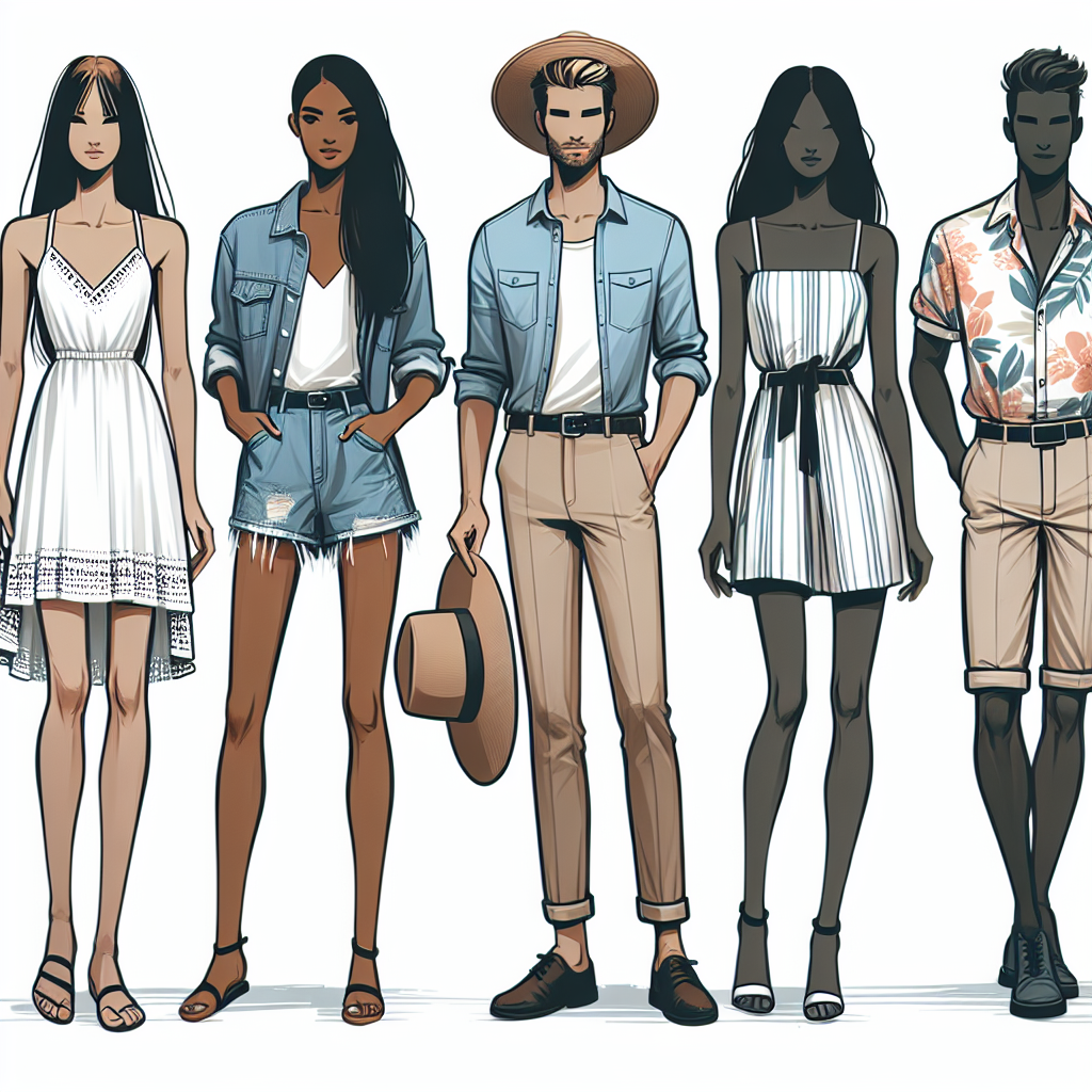 Spray Tan Style Guide: Best Effortless Outfits Showcase an array of fashionable outfits suitable for individuals with a spray tan. Visualize five people of different descents, such as Caucasian, Hispanic, Black, Middle-Eastern, and South Asian, each showcasing their outfits. For a balanced gender representation, portray two men and three women. The first woman is wearing a chic white sundress, the second woman is decked out casually in a denim jacket and black jeans, while the third woman is posing in a bold color-blocked dress. One man is wearing a casual beige suit, complete with a matching fedora, and the other man is in a summer-inspired floral short sleeve shirt with khaki shorts.