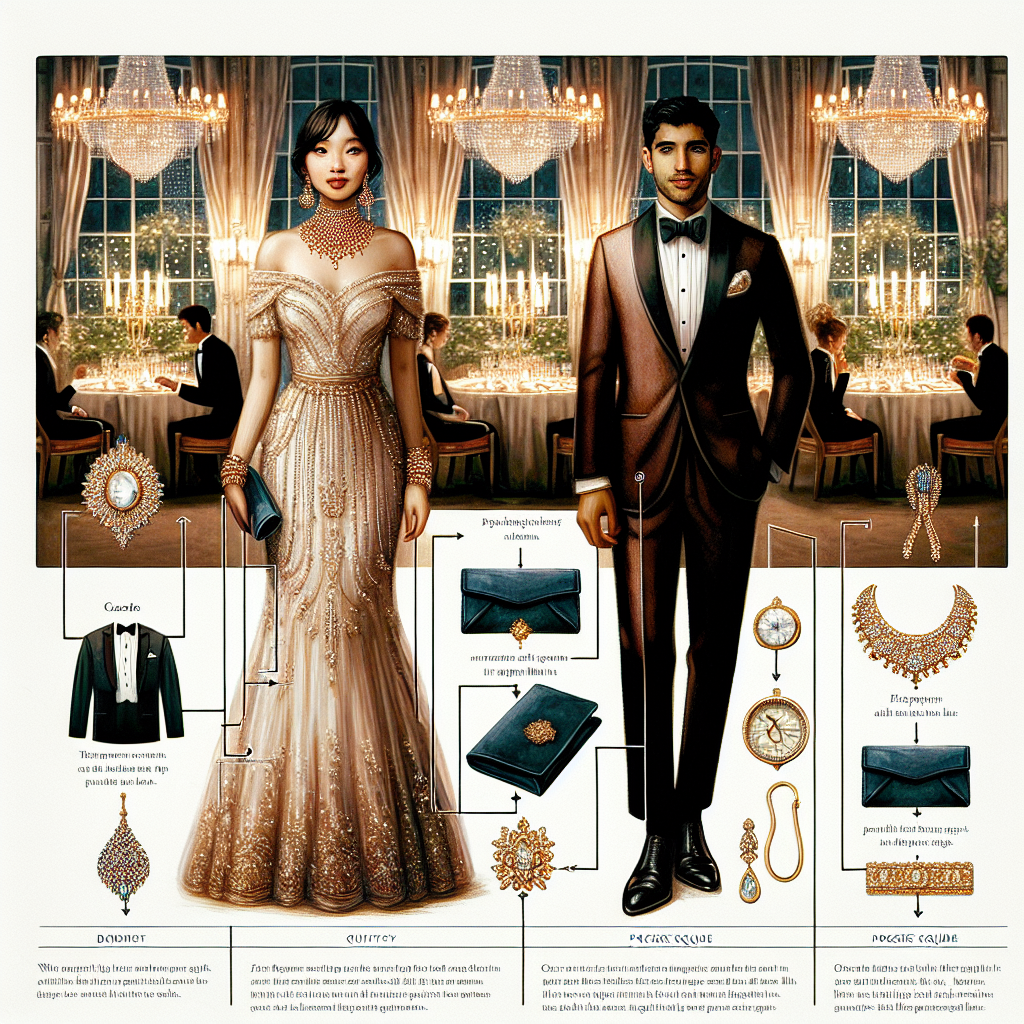 A visual guide on what to wear to a banquet, showcasing effortless elegance. The scene is a mock-up of a grand banquet hall illuminated with soft chandeliers hanging from the ceiling and tall glass windows draped with ornate curtains. A South Asian woman is shown in a resplendent, floor-length dress with intricate embellishments. She wears a matching clutch and opulent jewelry. Further away, a Hispanic man is pictured wearing a refined tuxedo with a perfectly folded pocket square, decking his suit with a unique brooch. Each accessory is highlighted with brief descriptions about their importance.