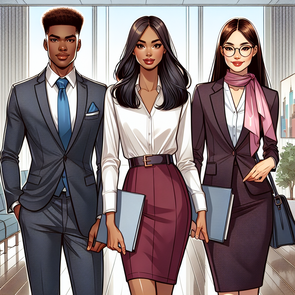 Illustrate a professional environment where three individuals are confidently presenting themselves for an interview. The African American man in a well-fitted charcoal grey suit with a blue tie, the Hispanic woman elegantly dressed in a maroon pencil skirt and crisp white blouse, and an Asian woman in a navy blue pant-suit with a light pink scarf. They carry portfolios and display an enthusiastic demeanor. The background includes tasteful office decor, a well-lit, spacious room with floor-to-ceiling windows revealing a vibrant cityscape. Emphasize the high fashion and energetic aura.