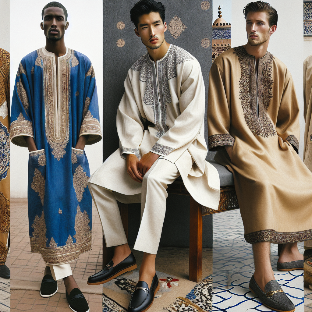 Stunning Marrakech Men's Outfits: Effortless Elegance A ravishing collage of men's fashion influenced by Marrakech's rich culture and history. On one side, an African man clad in a stylish djellaba, made from richly embroidered royal blue fabric. On another, an Asian man elegantly dressed in a white gandoura, accentuated with intricate Moroccan designs. At the center, a Middle-Eastern man wearing an effortlessly chic tan-colored caftan paired with black leather loafers. Each apparel showcasing the quintessential Moroccan touch that represents their effortless elegance.