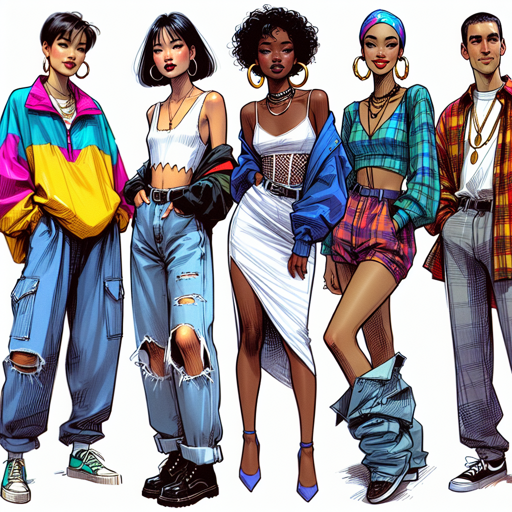 Stunning 90s Outfits: Effortless Style Secrets! An enticing montage of fashion illustrations from the 90s showing variety in style. The montage should contain five different illustrations. The first illustration portrays a young black woman wearing a loose, brightly colored windbreaker over a crop top, complete with high-waisted ripped jeans and hoop earrings. The second shows a South Asian man sporting a grunge-inspired look, complete with a flannel shirt, faded jeans, and combat boots. The third features a Caucasian woman in a minimalist slip dress paired with strappy heels. The fourth picture spotlights a Middle-Eastern man in vibrant hip-hop inspired attire with baggy jeans, oversized t-shirt and a bandana. The final drawing presents a Hispanic woman rocking a chic denim-on-denim ensemble. Each illustration should clearly exude the effortless style of the 90s era.