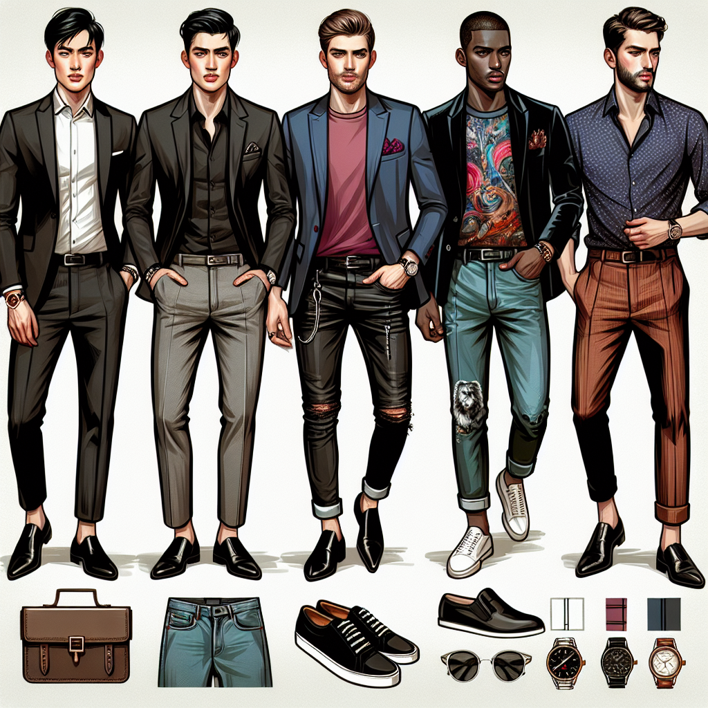 Incorporate fashion elements to depict a style guide for men for a club night. Depict a mixture of attires suitable for different body types and personal styles. Feature an Asian man in a sleek black suit, a Caucasian man in a fancy casual outfit with a stylish jacket and denim, a Black man in a trendy t-shirt and leather pants, a Middle-Eastern man with a classy colorful shirt and chinos, and a Hispanic man with a smart velvet blazer and trousers. Include components like accessories, wristwatches, shoes, and hairstyle variations for a complete look.