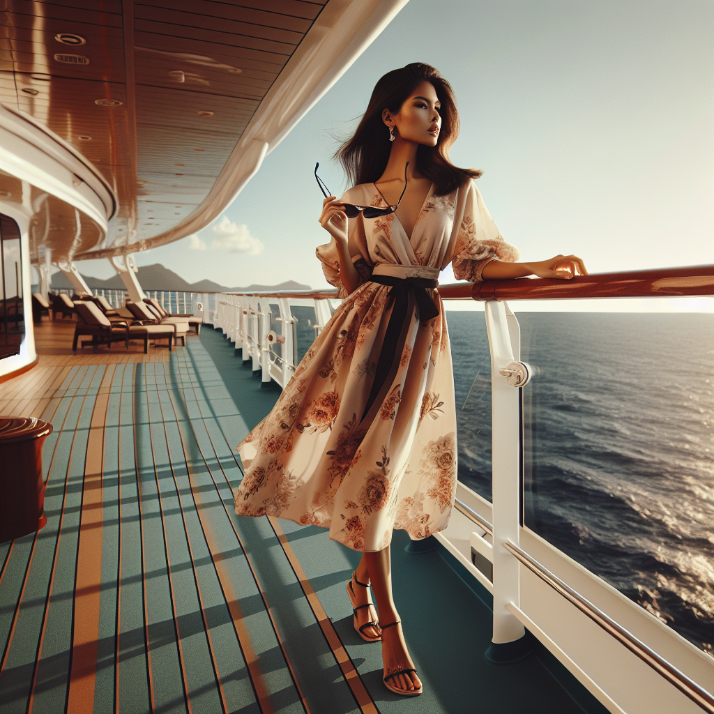 Stunning Cruise Outfits: Find Your Perfect Match! An elegant and fashionable South Asian woman standing on a luxurious cruise ship deck. She is wearing a trendy summer outfit, perfect for a vacation cruise. She is holding a pair of oversized sunglasses in her right hand and her left hand is on the ship railing, looking towards the expansive ocean. The sky is clear without any clouds, and the sun is setting, bathing the deck in a warm, golden light. The clothing she is wearing consists of a breezy floral dress, complemented by chic sandals. In the background, you can see the vast expanse of the ocean and the outline of distant lands.