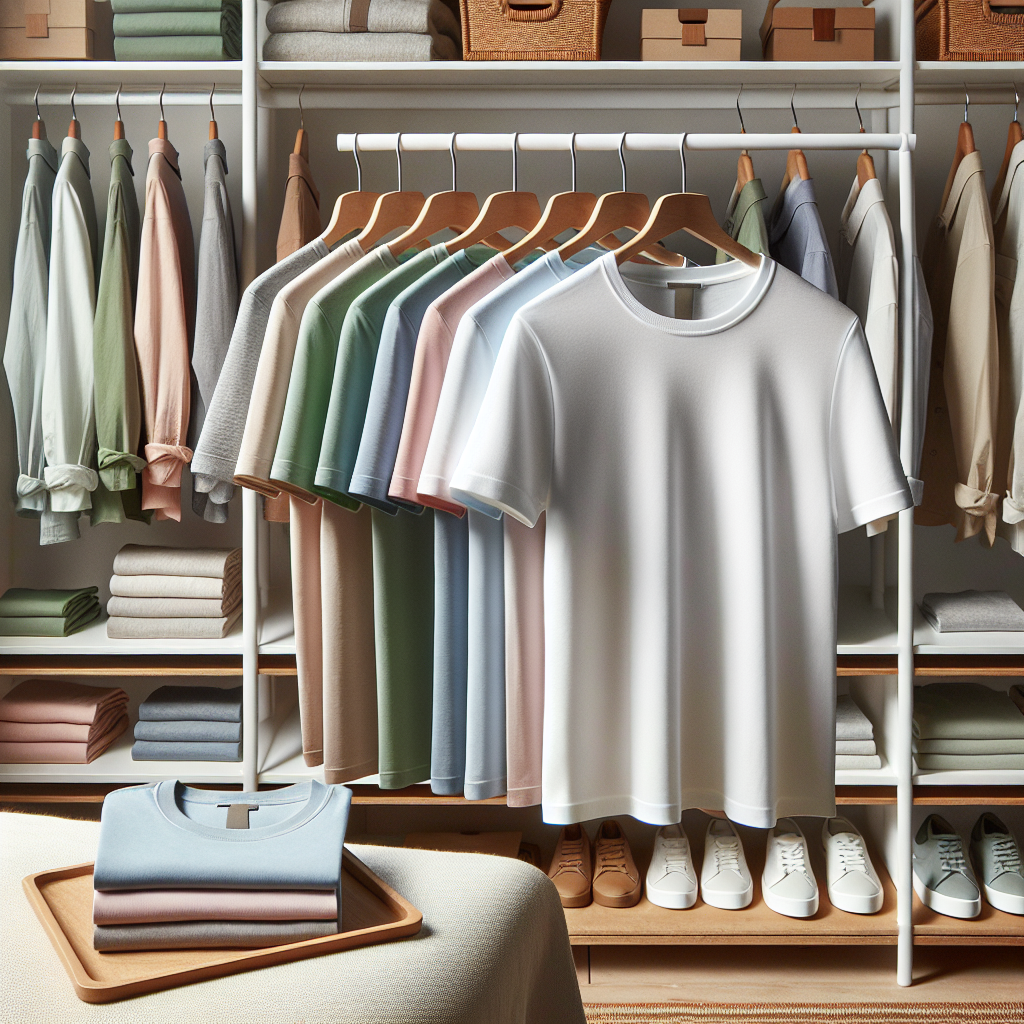 Must-Have Colors for Under a White Shirt: Effortless Style An image guide showcasing a collection of various hues perfect to wear under a white shirt. Let's include pastel blues, subtle pinks, light greens and neutral grays. Each color can be represented by a folded, neat cotton t-shirt with the white shirt slightly transparent, so the colors underneath are seen. Also, include a setting of a minimalistically decorated walk-in closet with wooden hangers and shelves filled with neatly organized, color-coordinated clothes. This scene depicts effortless style and the art of casual, sophisticated dressing.