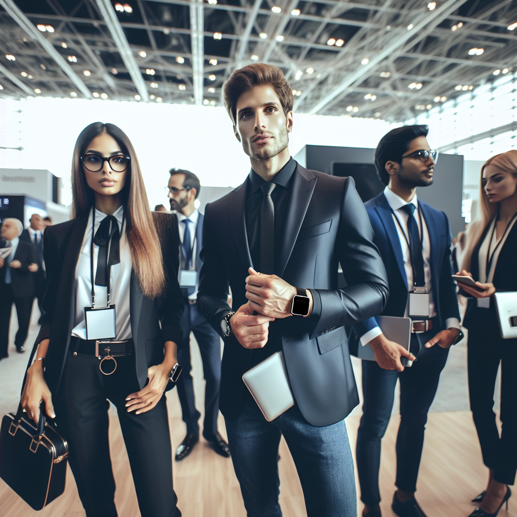 Picture a bustling tech conference in a large, modern hall. In the foreground, focus on a diverse group of professionally dressed individuals. A Middle-Eastern woman is wearing a sleek, black power suit with a hi-tech smart watch on her wrist. A Caucasian man nearby is dressed in a classic, crisp white shirt paired with jeans, styled with smart glasses. A South Asian man is wearing a navy blue business suit complemented with a modern laptop bag. These individuals are engaged in conversation, with various cutting-edge tech gadgets at their disposal. Create an image depicting the modern, sophisticated style of this tech conference scenario.