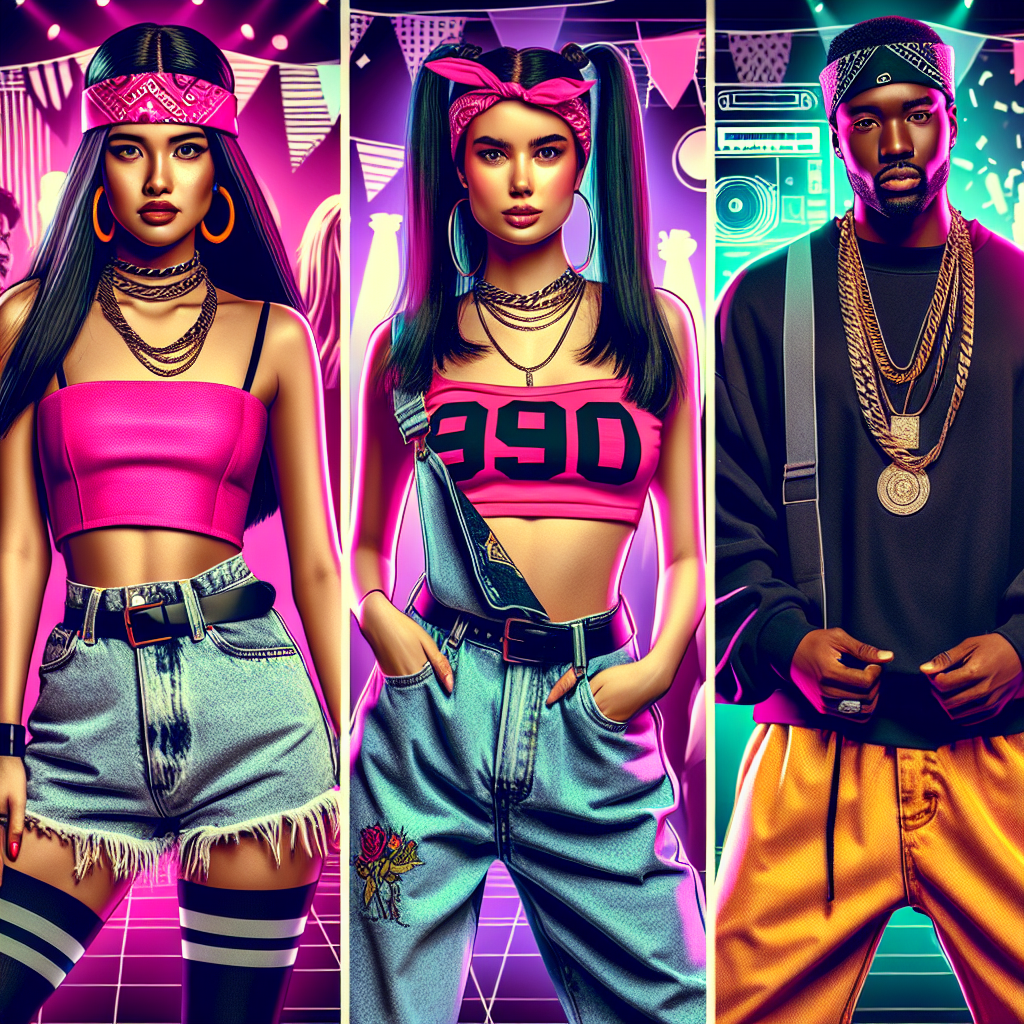 90s Party Outfits: Discover Must-Have Retro Looks! Show a vibrant and stylish montage of individuals sporting 90s party outfit trends. Show a female-presenting South Asian person wearing high waist jeans and neon crop tops accessorized with bandana headbands. A male-presenting Black individual should be in baggy hip-hop-inspired clothing, complete with gold chains. Lastly, have a female-presenting Caucasian individual in a slip dress layered over a t-shirt. Split the scene into these three sections for each individual to showcase the diverse fashion trends of the nineties.