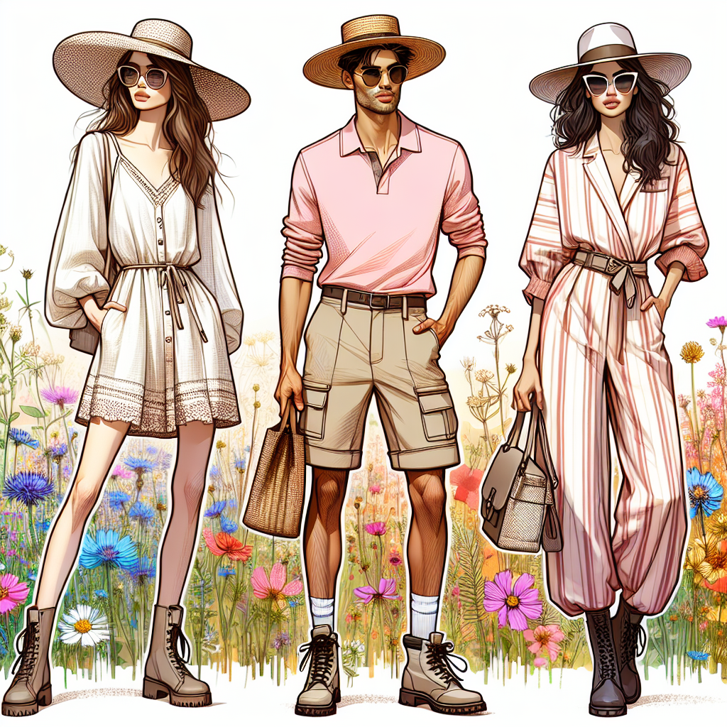 Fashion illustration scene showing three different characters standing in a vibrant and colorful field of wildflowers. From left to right: a Caucasian woman dressed in a lightweight, flowy linen dress, matching sunhat and stylish sunglasses, a Hispanic man wearing trendy khaki shorts, a pastel pink polo shirt, and a straw trapper hat, and a South Asian woman in a bold, geometric print jumpsuit, combat boots, and a chic fedora. Each outfit is designed to be sophisticated, casual, and chic, providing style inspiration for those venturing out into nature.